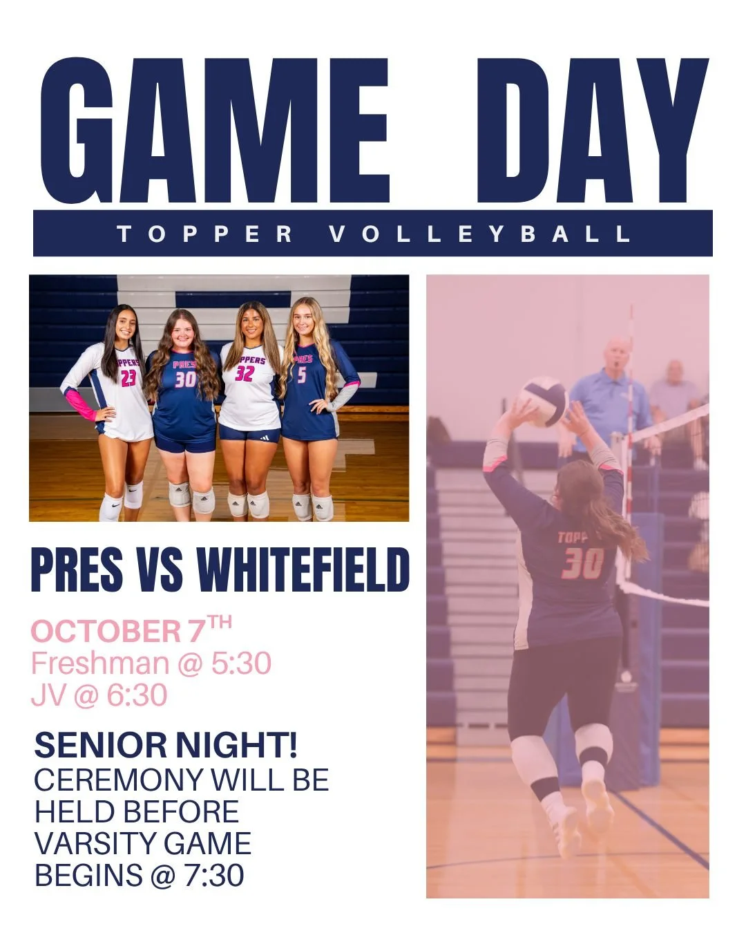 It&rsquo;s Topper Gameday!🏐 Join us as we celebrate our Seniors tonight.💙 Our Freshman team will kick off the evening at 5:30 with JV to follow at 6:30. Varsity action starts at 7:30 PM, preceded by our Senior Night Ceremony. Come out and celebrate