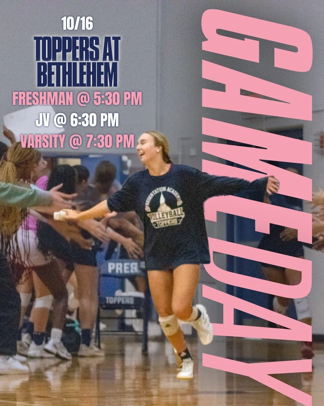 Topper Volleyball is back in action! Our girls head to Bethlehem tonight with Freshman at 5:30, JV at 6:30, and Varsity at 7:30. Let's go, Pres Girls!
 
#PresentationAcademy #TopperVolleyball #PresGirl #PresentationAcademyAthletics