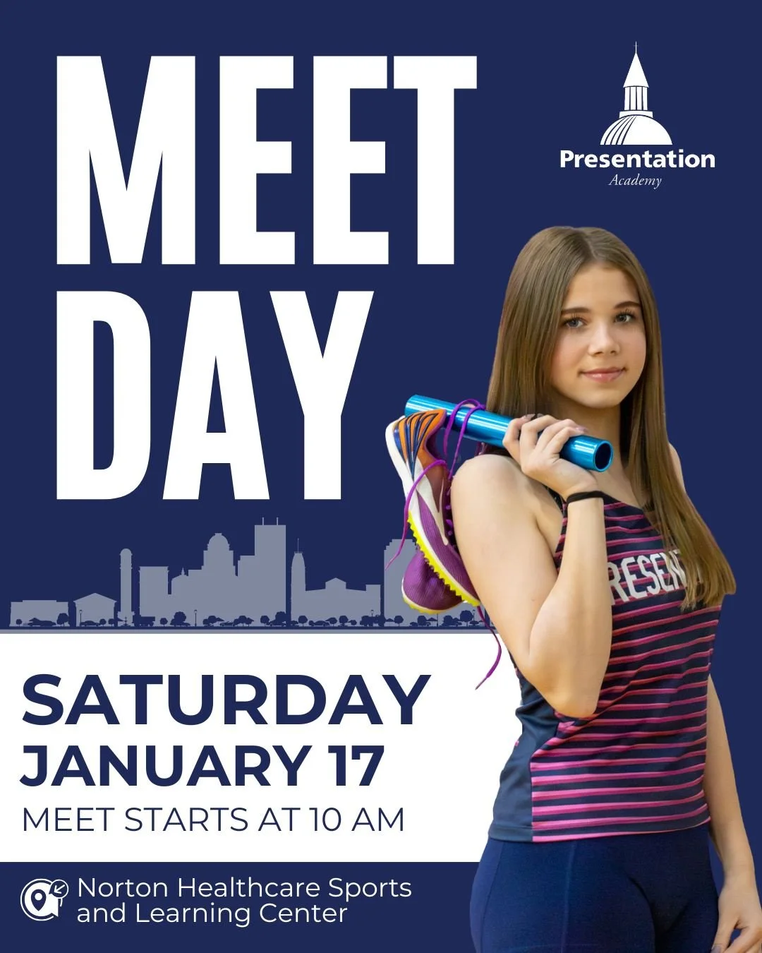 Meet Day for Pres Indoor Track! 🏃&zwj;♀️ The Toppers compete at the Norton Healthcare Sports and Learning Center. Start time is 10 AM. Good luck, Pres Girls!
 
#PresentationAcademy #TopperIndoorTrack #PresGirl #PresentationAcademyAthletics