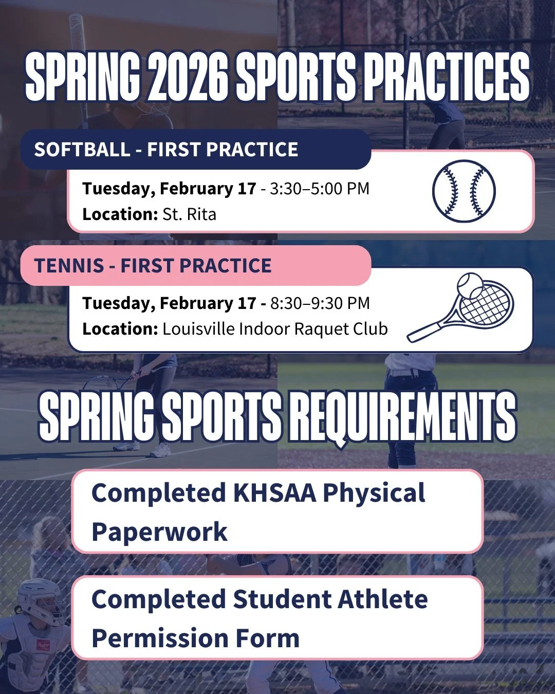 Spring sports are almost here! ⚾🎾
 
Softball and Tennis begin February 17. We can&rsquo;t wait to see our student-athletes back in action. Be sure to have your KHSAA physical paperwork and student athlete permission form completed before the first p