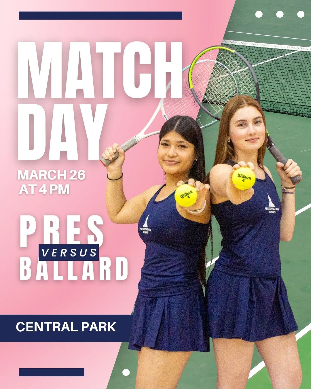 It's match day!🎾 Topper Tennis takes on Ballard at Central Park starting at 4PM. Good luck, girls!💙
 
#PresentationAcademy #TopperTennis #TopperAthletics #PresentationAcademyAthletics