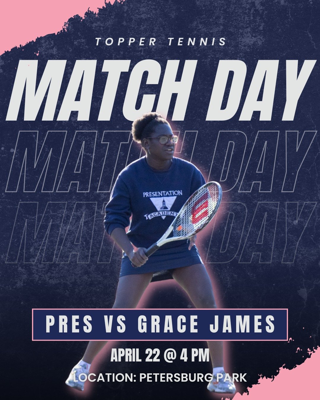 MATCH DAY🎾 It is match 2 of 3 this week, and your Toppers are taking on Grace James at 4 PM at Petersburg Park. Let&rsquo;s go, Pres Girls!💪

#PresentationAcademy #TopperTennis #PresGirl #PresentationAcademyAthletics