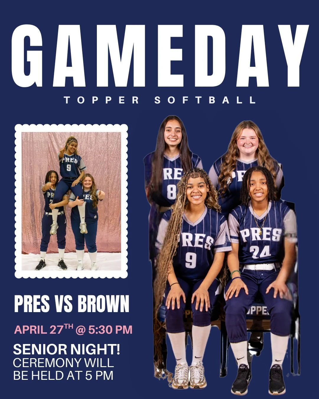 It&rsquo;s Topper Gameday!🥎 Join us as we celebrate our Seniors tonight.💙 The Senior Night Ceremony starts at 5 PM followed by first pitch at 5:30 PM. Come cheer on our Toppers. Good luck, Pres Girls!
 
#PresentationAcademy #TopperSoftball #PresGir