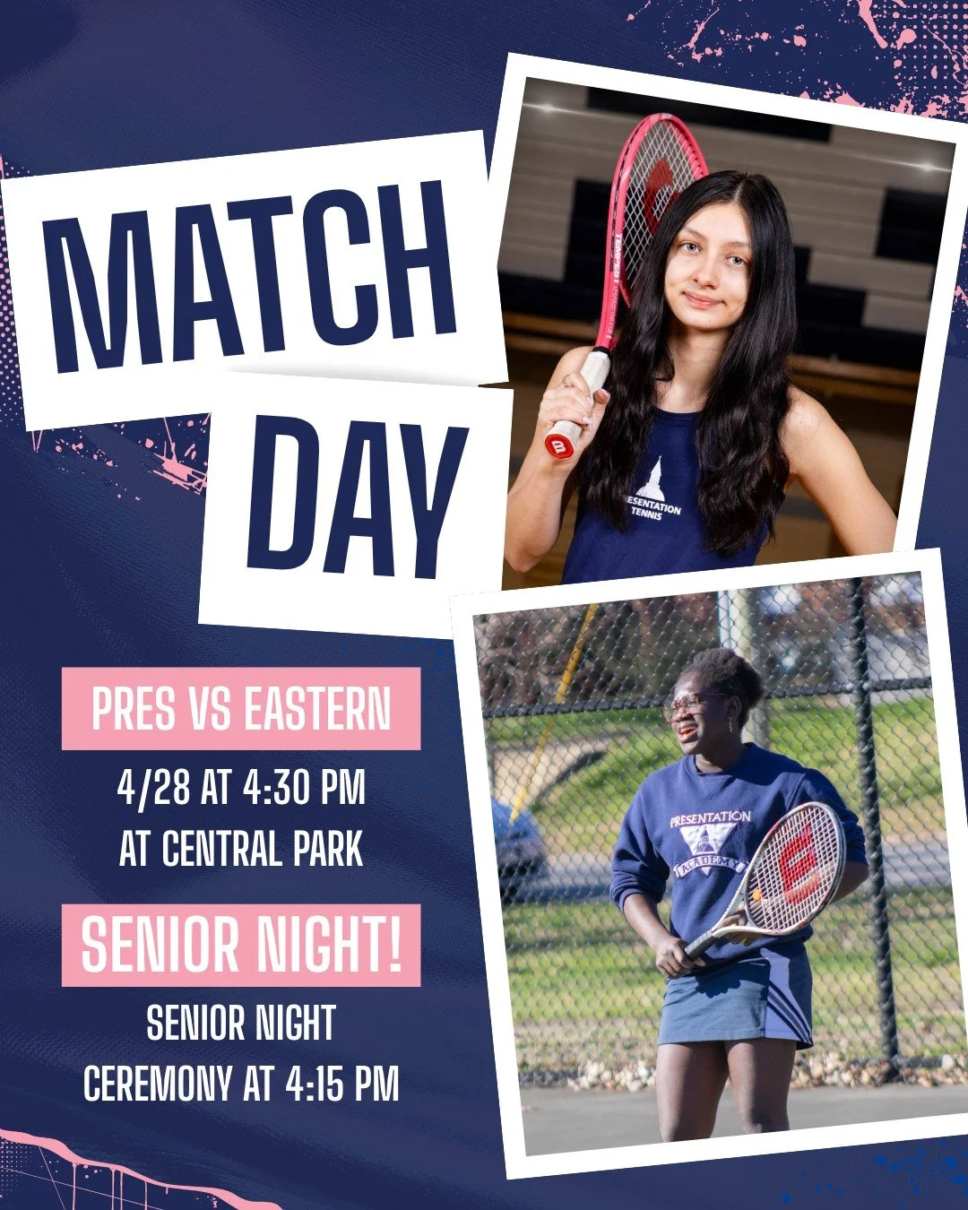🎾It&rsquo;s Match Day! Join us at Central Park as we celebrate our Seniors tonight.💙 The match starts at 4:30 PM, with the Senior Night ceremony starting 4:15 PM! Come out and celebrate Ellie and Sarah!

#PresentationAcademy #TopperTennis #PresGirl