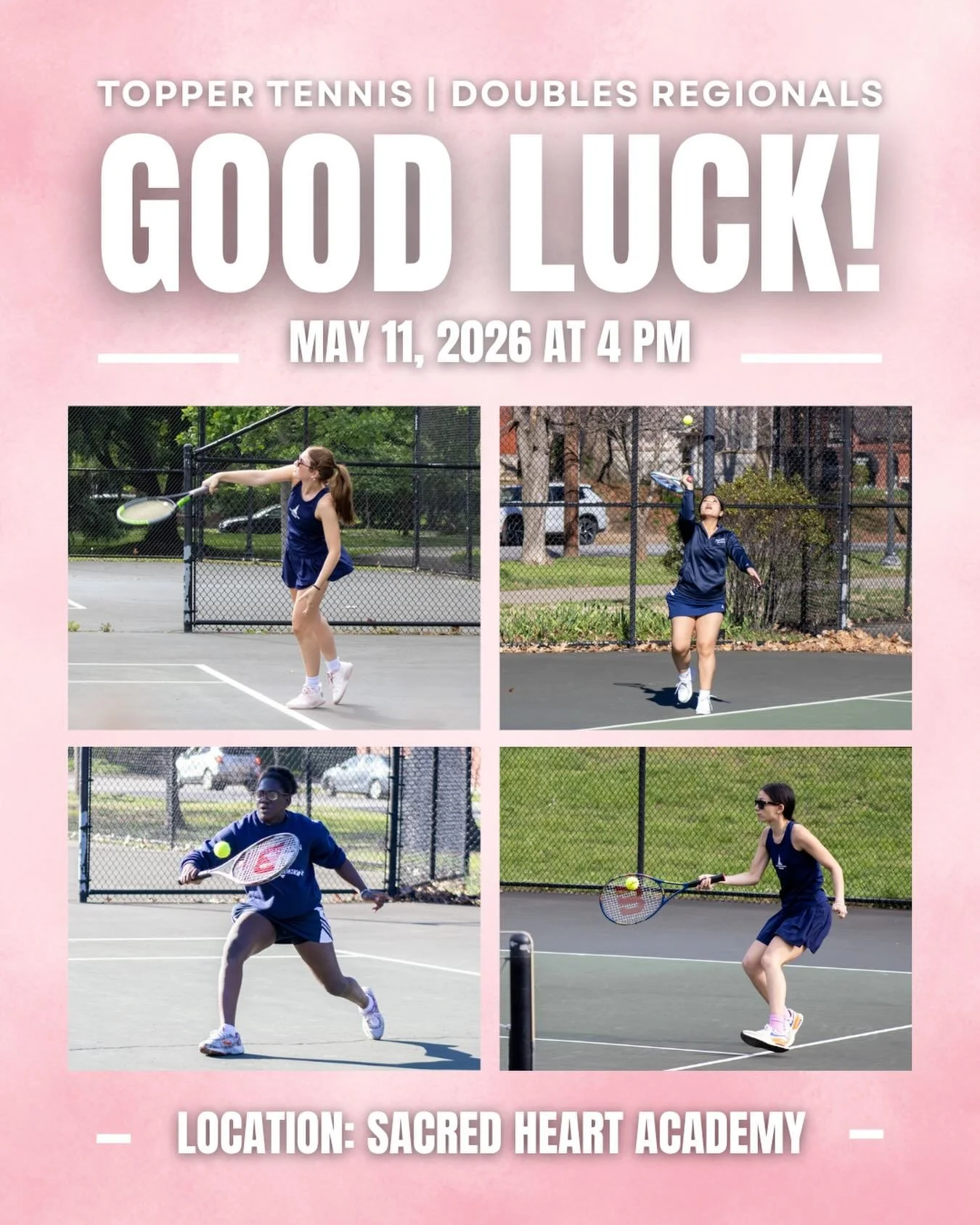 Good luck to Nora, Anna, Sarah, and Ellie as they compete in the Doubles Tennis Regionals today!🎾💙 We are so proud of these Pres Girls and all the hard work they&rsquo;ve put in this season. Go Toppers!💗
&nbsp;
#PresentationAcademy #TopperTennis #