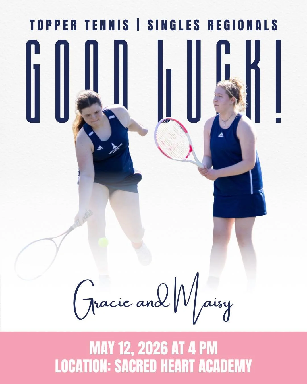 Good luck to Gracie and Maisy as they compete in the Singles Tennis Regionals today!🎾💙 We are so proud of you. Go Toppers!💗
 
#PresentationAcademy #TopperTennis #TopperAthletics #PresentationAcademyAthletics