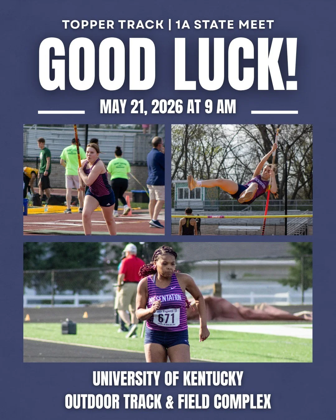 Good luck to Lucy, Emma, and Maya as they compete at the 1A state track meet tomorrow!👟💙 Lucy and Emma will compete in pole vault at 9 AM, and Maya will run in the 100 M dash at 10:10 AM. We are so proud of these Pres Girls and all the hard work th