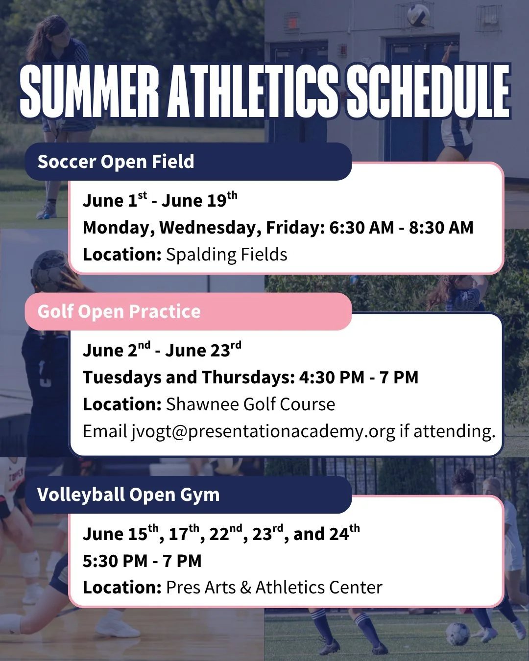 Open practices for soccer, golf, and volleyball are starting soon.⚽⛳🏐 These opportunities are open to all students entering grades 9&ndash;12 at Pres. It&rsquo;s a great way to get involved, develop skills, and prepare for the upcoming season in a s