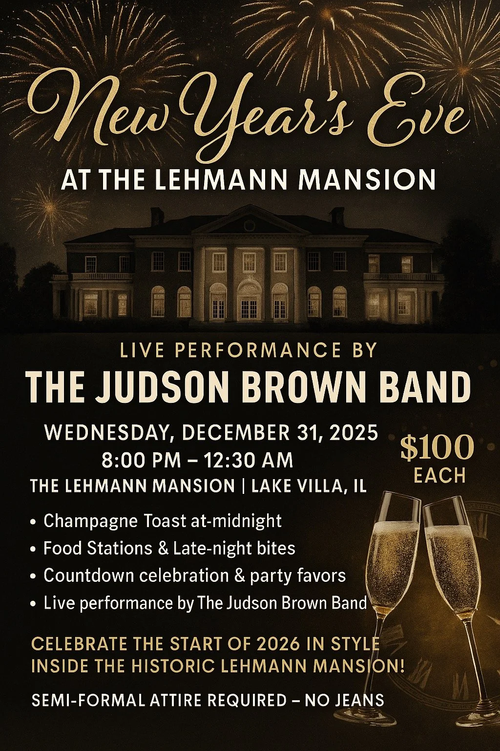 ✨🎉 Tickets are officially on sale! 🎉✨
Ring in 2026 the right way&mdash;at The Lehmann Mansion&rsquo;s New Year&rsquo;s Eve Bash! 🍾
Here&rsquo;s what we&rsquo;re bringing to the party:
🎶 Live performance by the Judson Brown Band
🍴 Food stations +