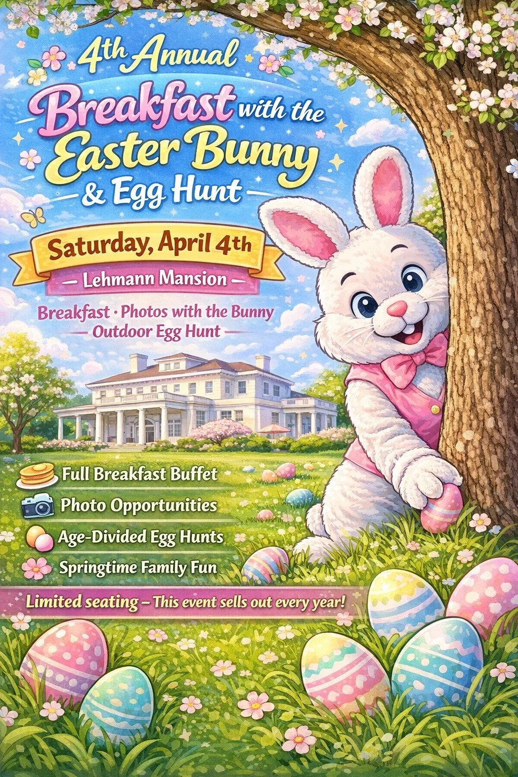 🐰🥞 They&rsquo;re Here! Tickets are now on sale!
Join us for our 4th Annual Breakfast with the Easter Bunny &amp; Egg Hunt at Lehmann Mansion!
Enjoy breakfast, take pictures with the Easter Bunny, and hunt for eggs around the grounds &mdash; includi