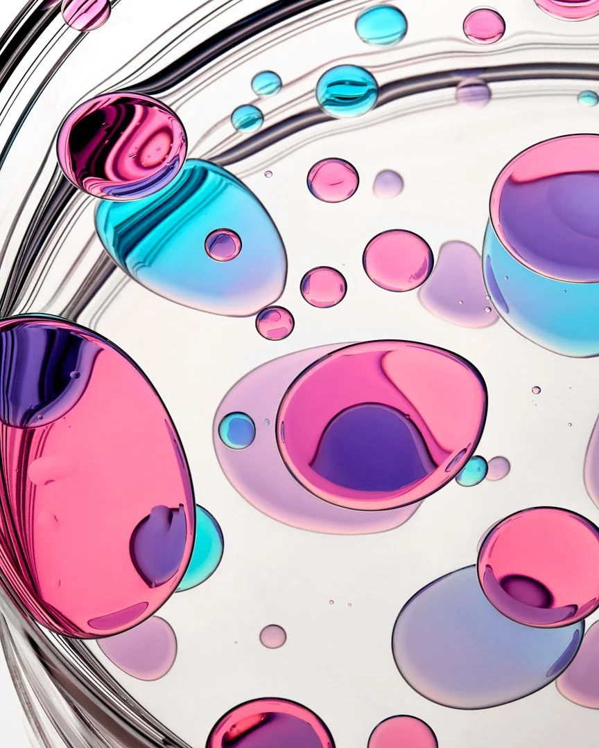 Abstract macro shot of pink, blue, and purple gel bubbles on a circular white surface, by Adrianna Favero.