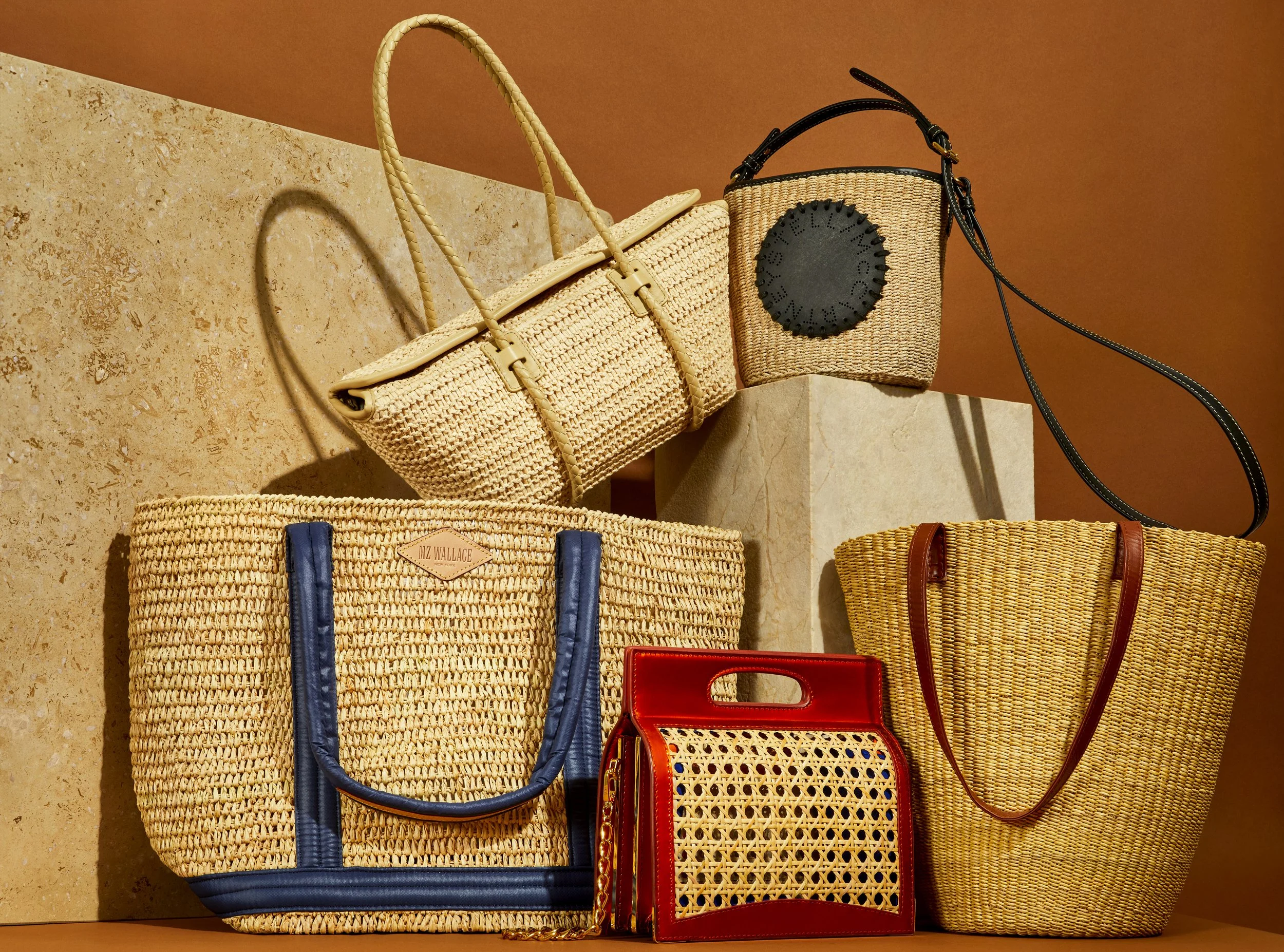 Raffia handbag editorial for Bloomberg Pursuits photographed by Adrianna Favero, NYC-based fashion photographer and director. Showcasing natural textures and elegant styling—ideal for luxury accessories campaigns, fashion editorials, and features.