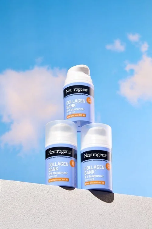 Neutrogena still life ad photographed by Adrianna Favero, NYC-based beauty photographer and director. Crisp, clean product imagery showcasing skincare essentials—perfect for beauty campaigns, e-commerce, and editorial features like Byrdie Magazine.

