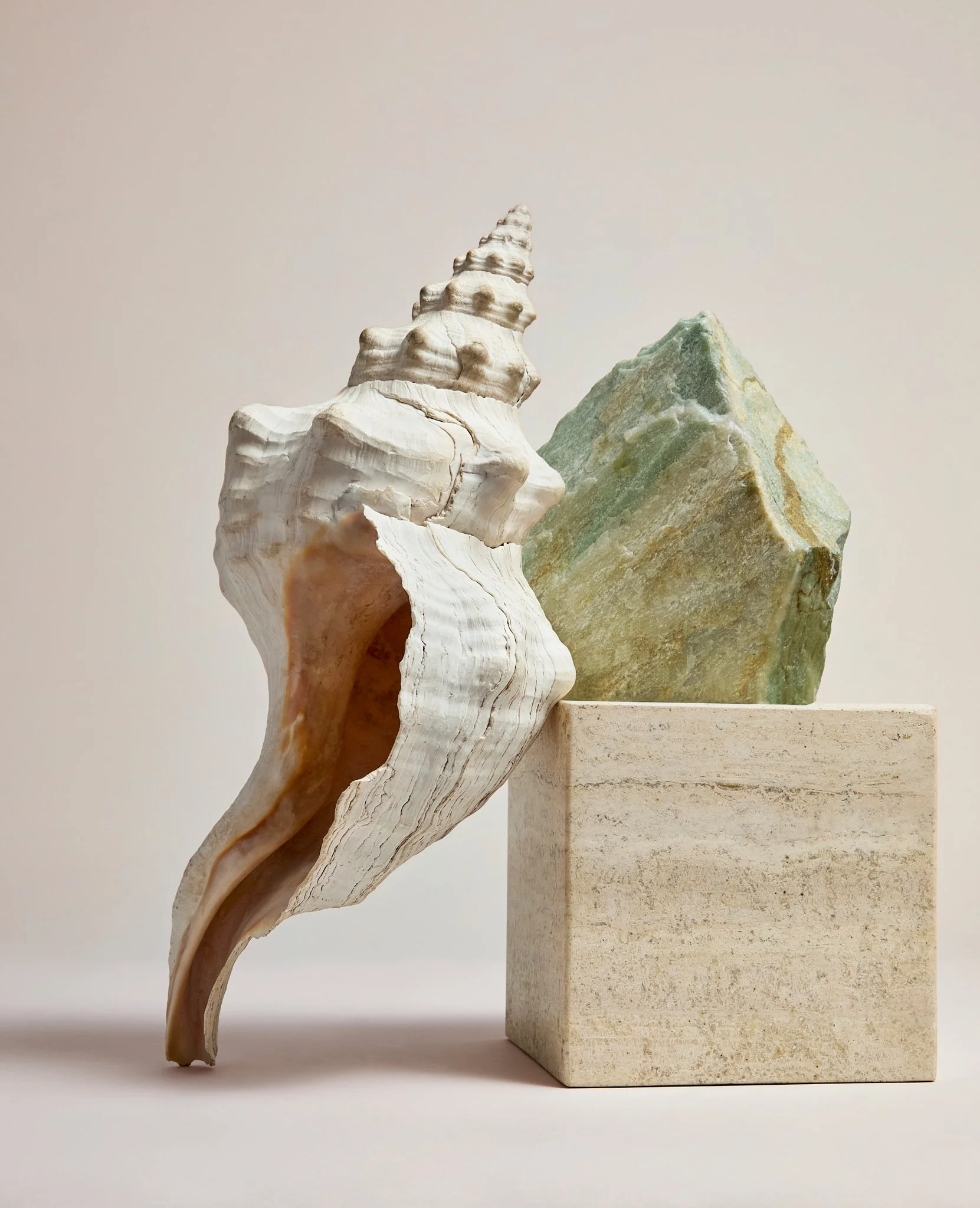 A large seashell and a piece of green stone displayed on a beige cube.