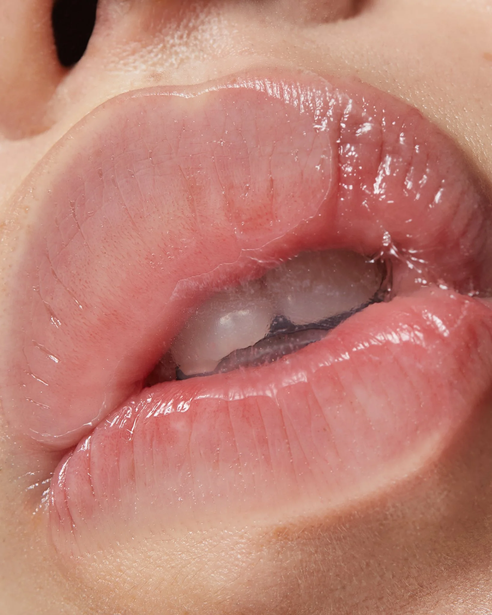 Close-up of glossy lips with teeth visible.