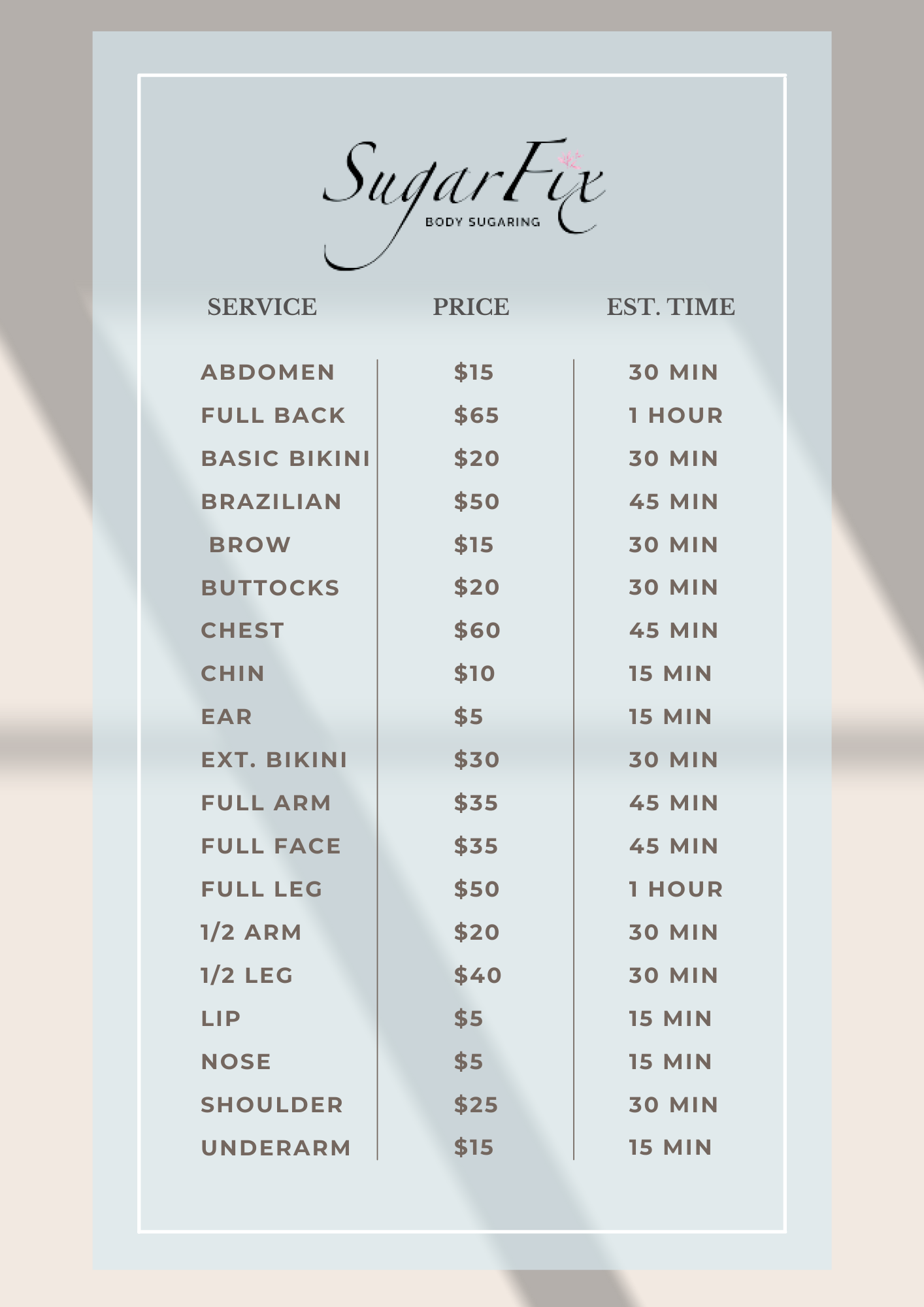 Pricing — Sugar Fix YXE / Sugaring Hair Removal / Saskatoon