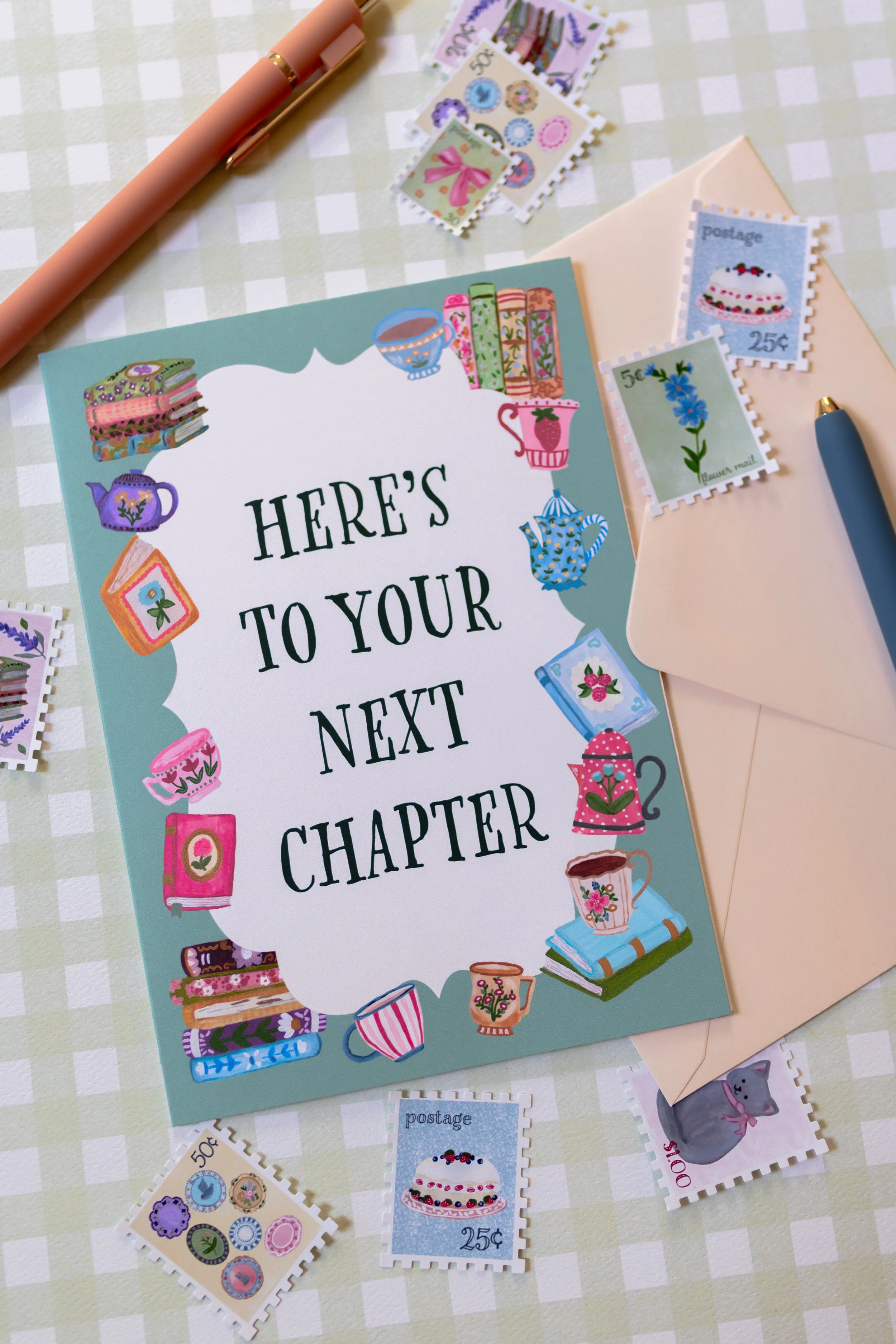 Book-themed greeting card celebrating life's next chapter.