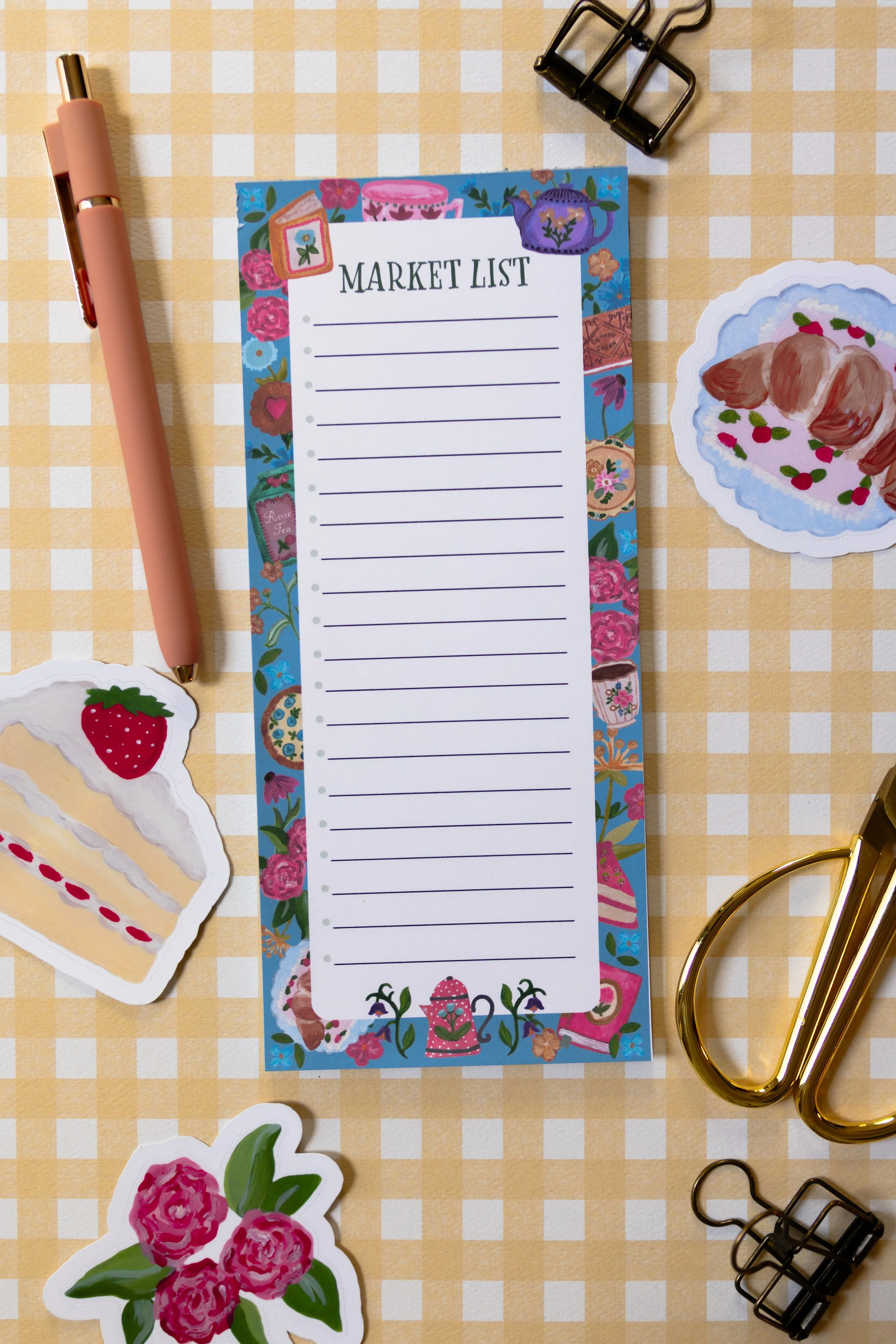 Bookshop Café Market List Notepad featuring whimsical teacups, teapots, desserts, and original hand-illustrated artwork from the Dear Little Afternoon Tea Collection.