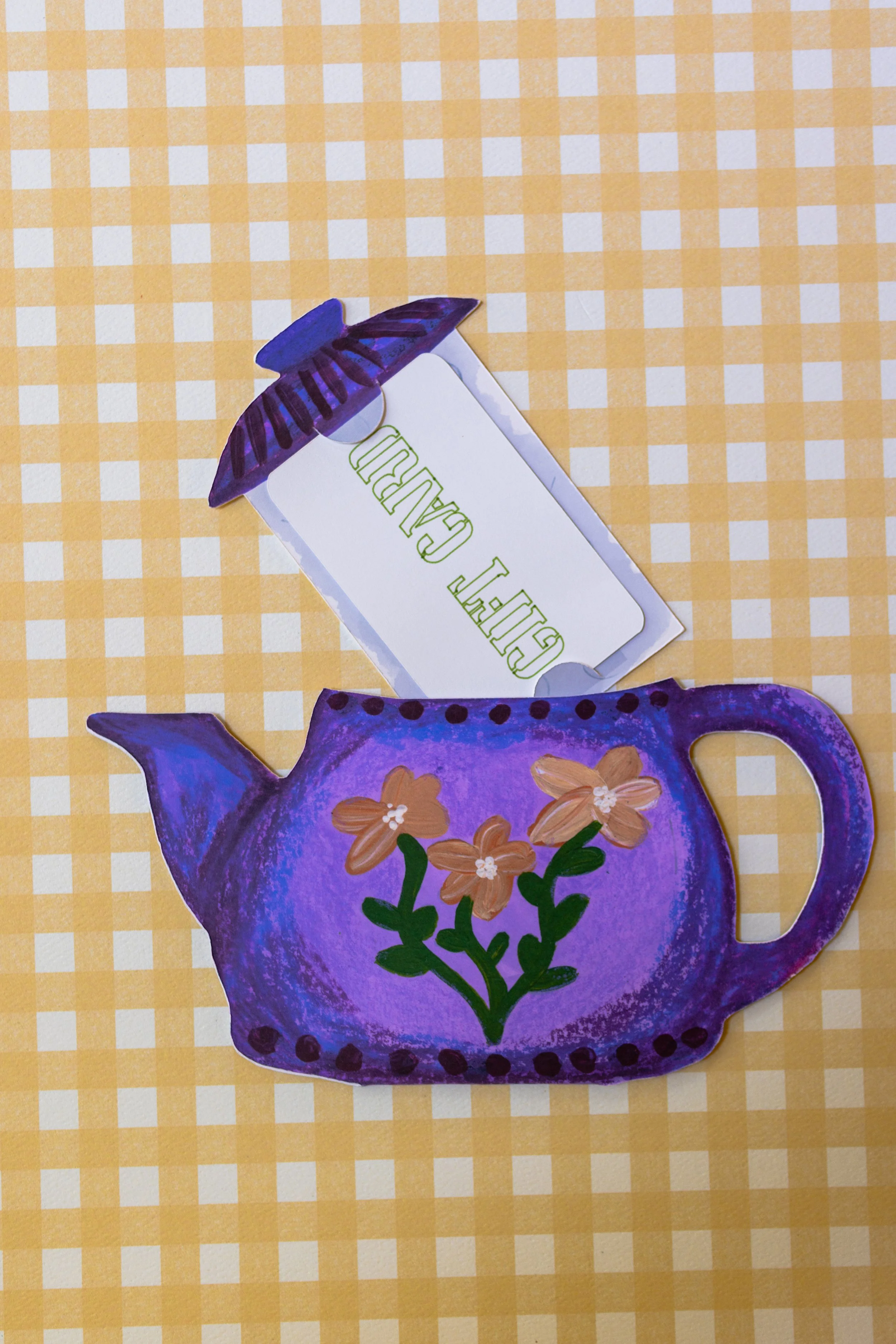 Handmade tea-themed gift card holder with interactive tea bag pull tab and hidden gift card compartment.