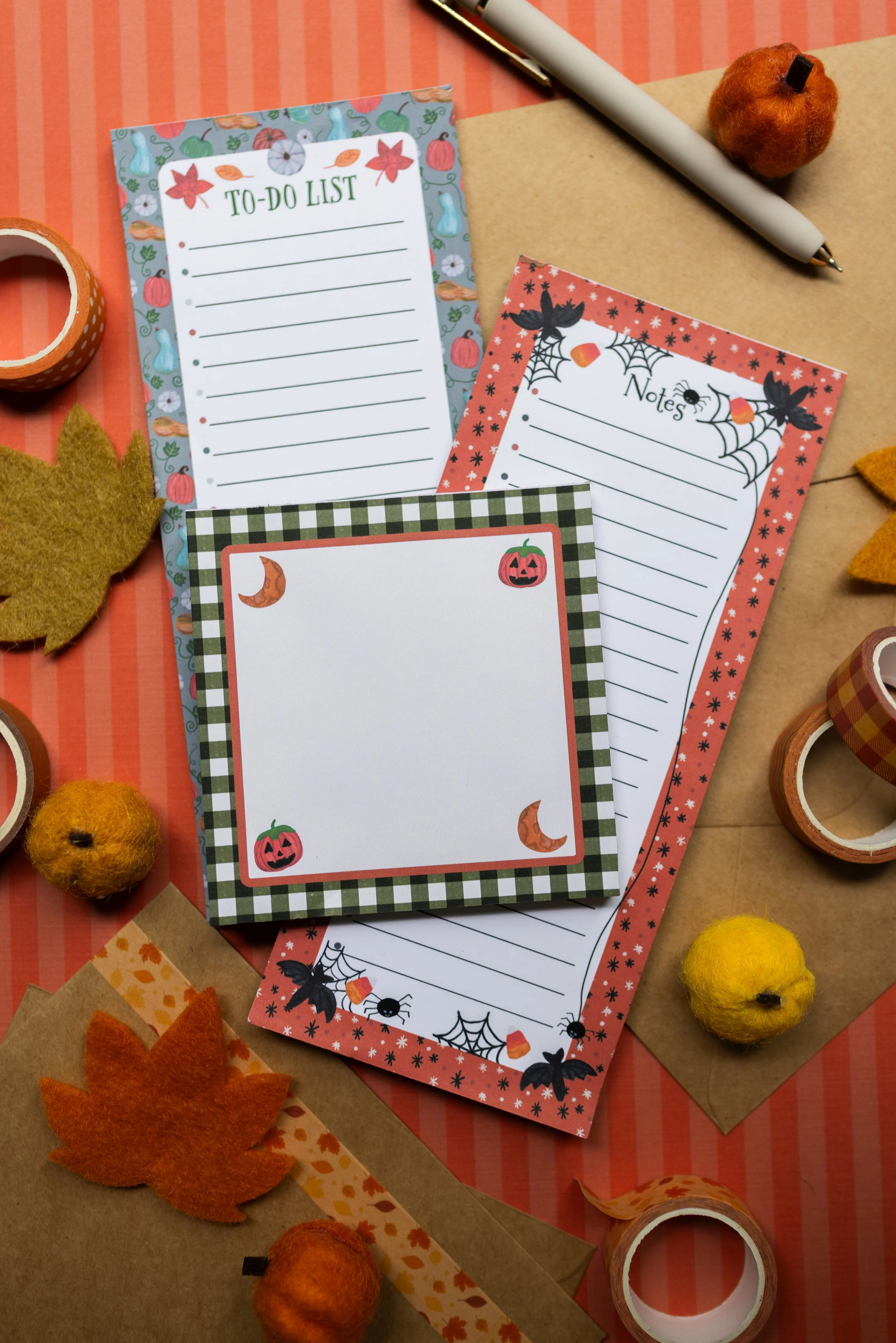 Dear Little Halloween Notepad Collection featuring three artist-designed fall and Halloween notepads with pumpkins, bats, jack-o'-lanterns and vintage-inspired artwork.