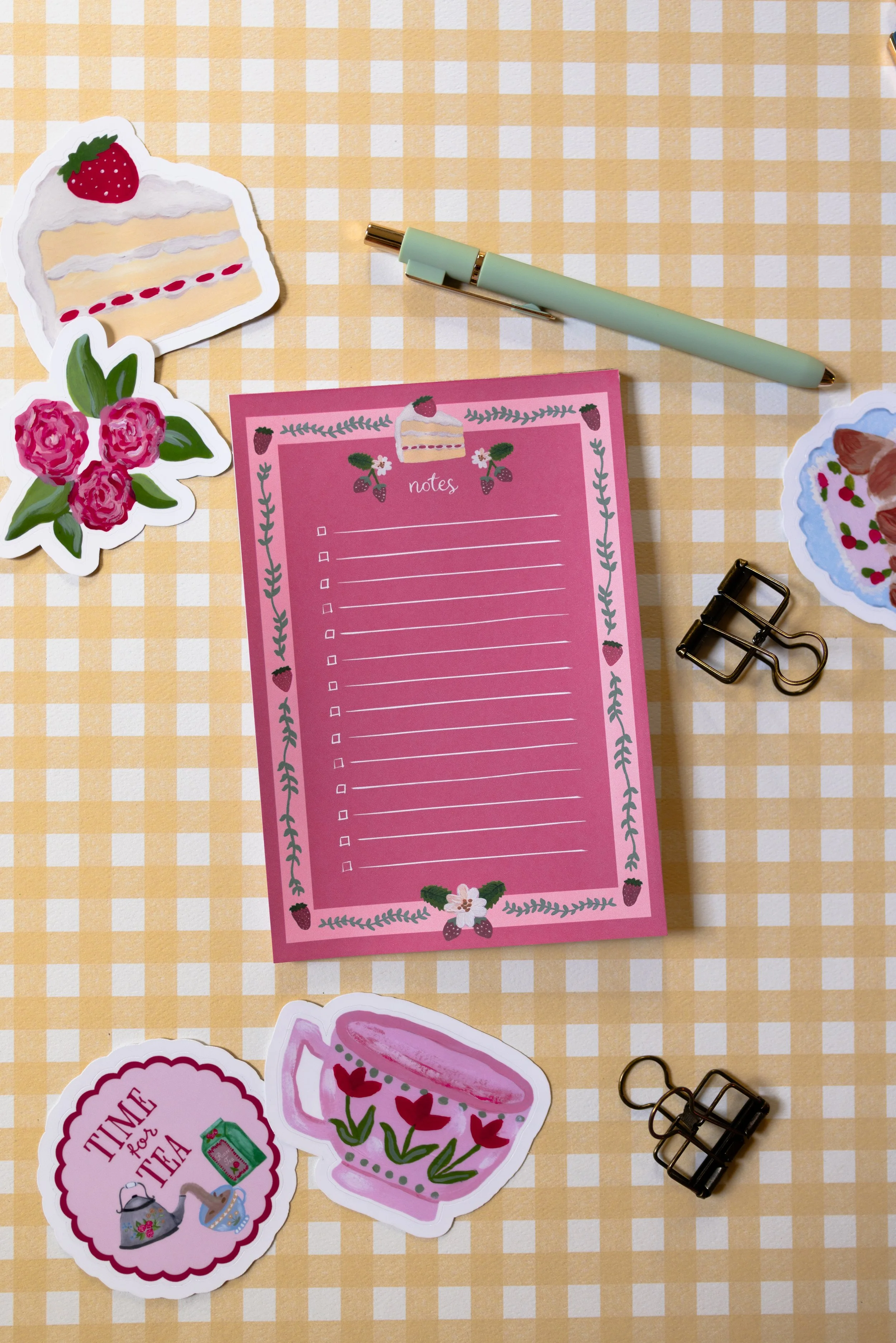 Strawberry Shortcake Cake Notepad featuring an original hand-illustrated strawberry cake slice and fresh strawberries.