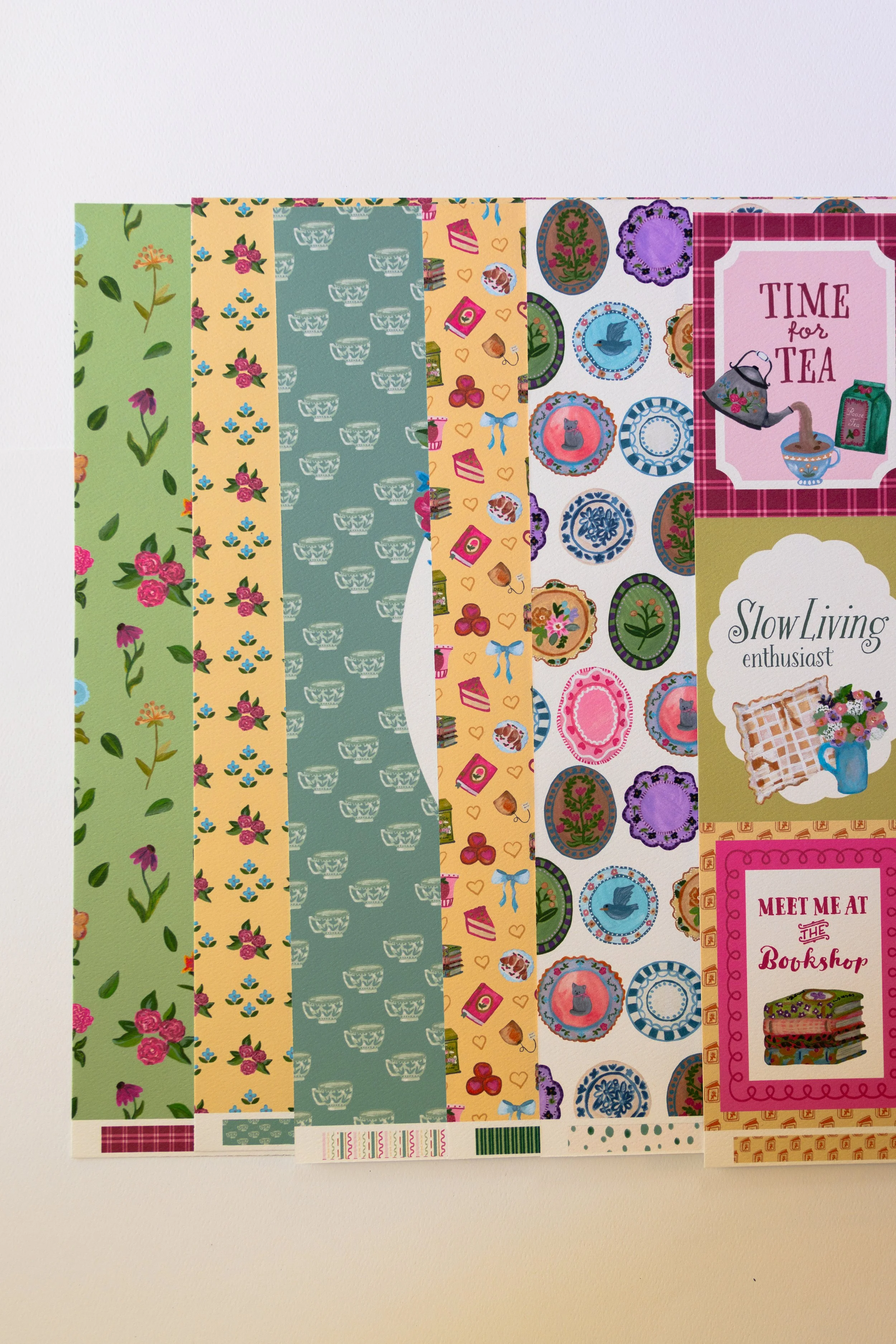 Coordinating scrapbook supplies designed to mix and match for creative paper crafting projects.
