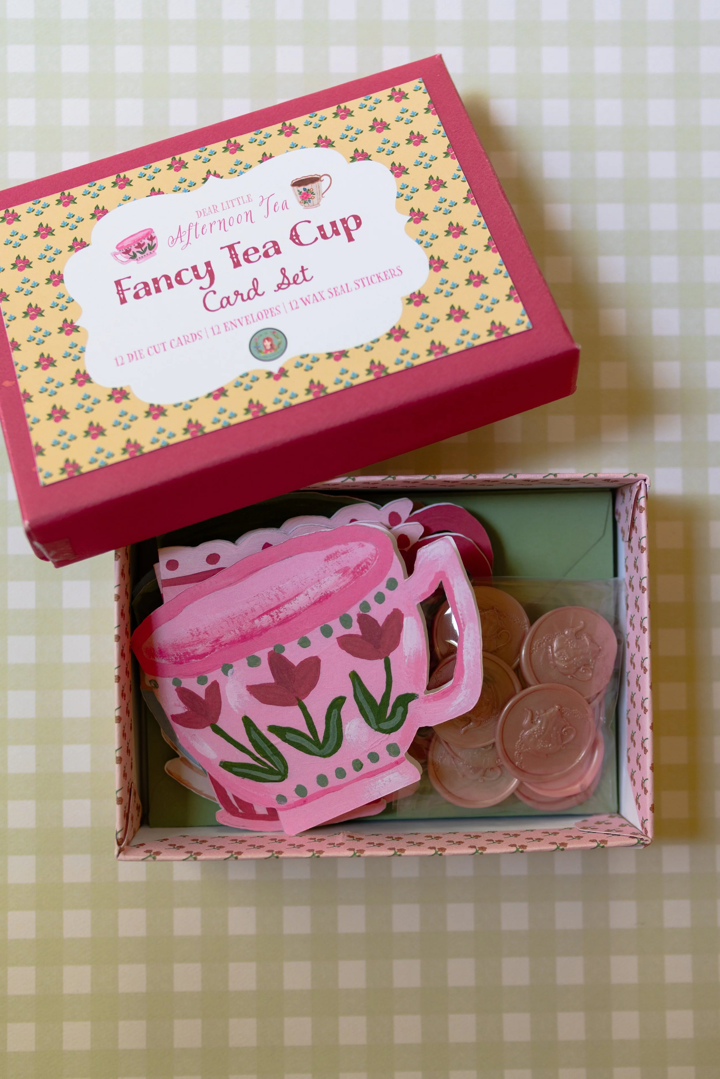 Cottagecore tea cup greeting cards with matching envelopes and floral wax seal stickers.