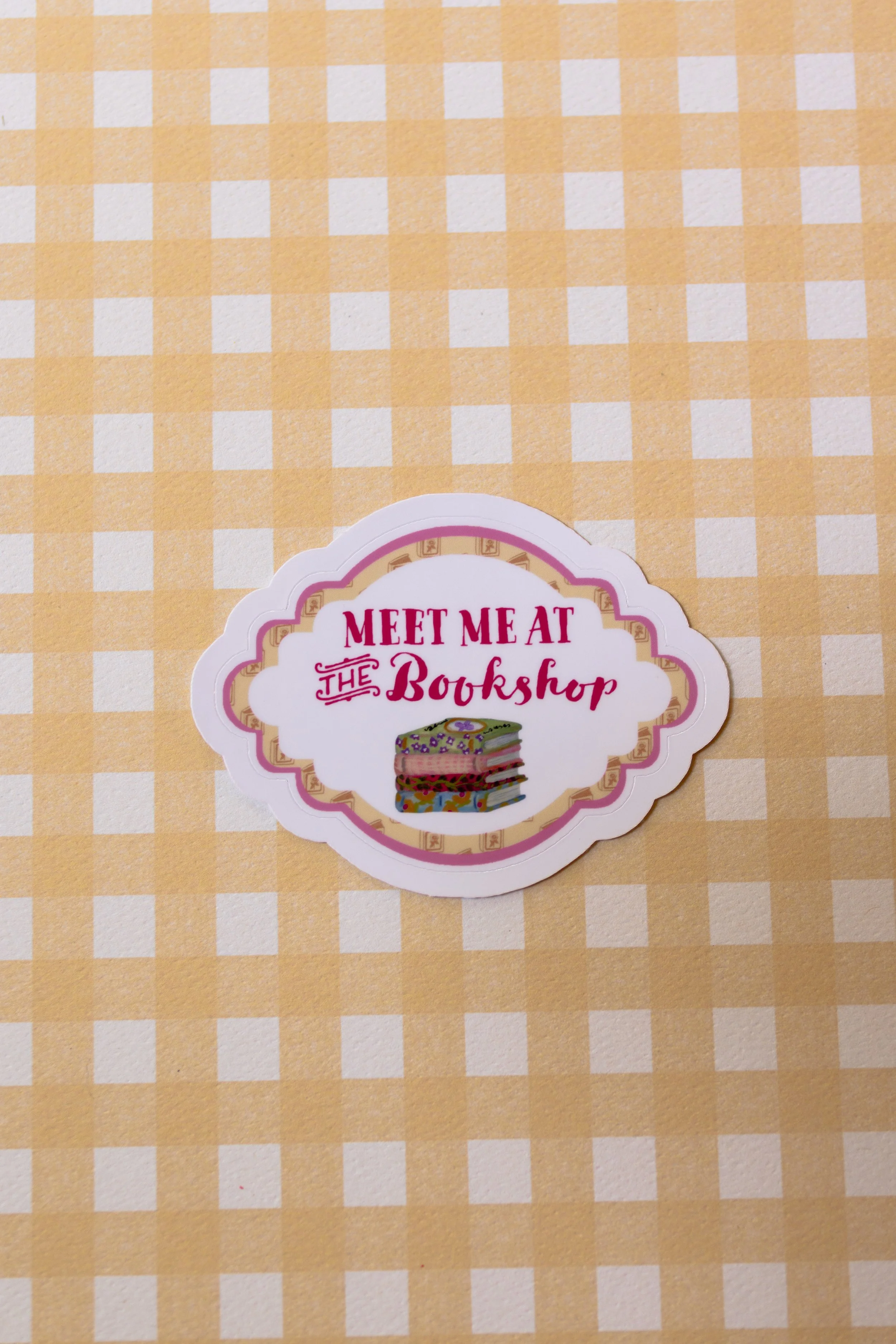 Artist-designed die cut sticker featuring original hand-illustrated Meet Me at the Bookshop from the Dear Little Afternoon Tea Collection.