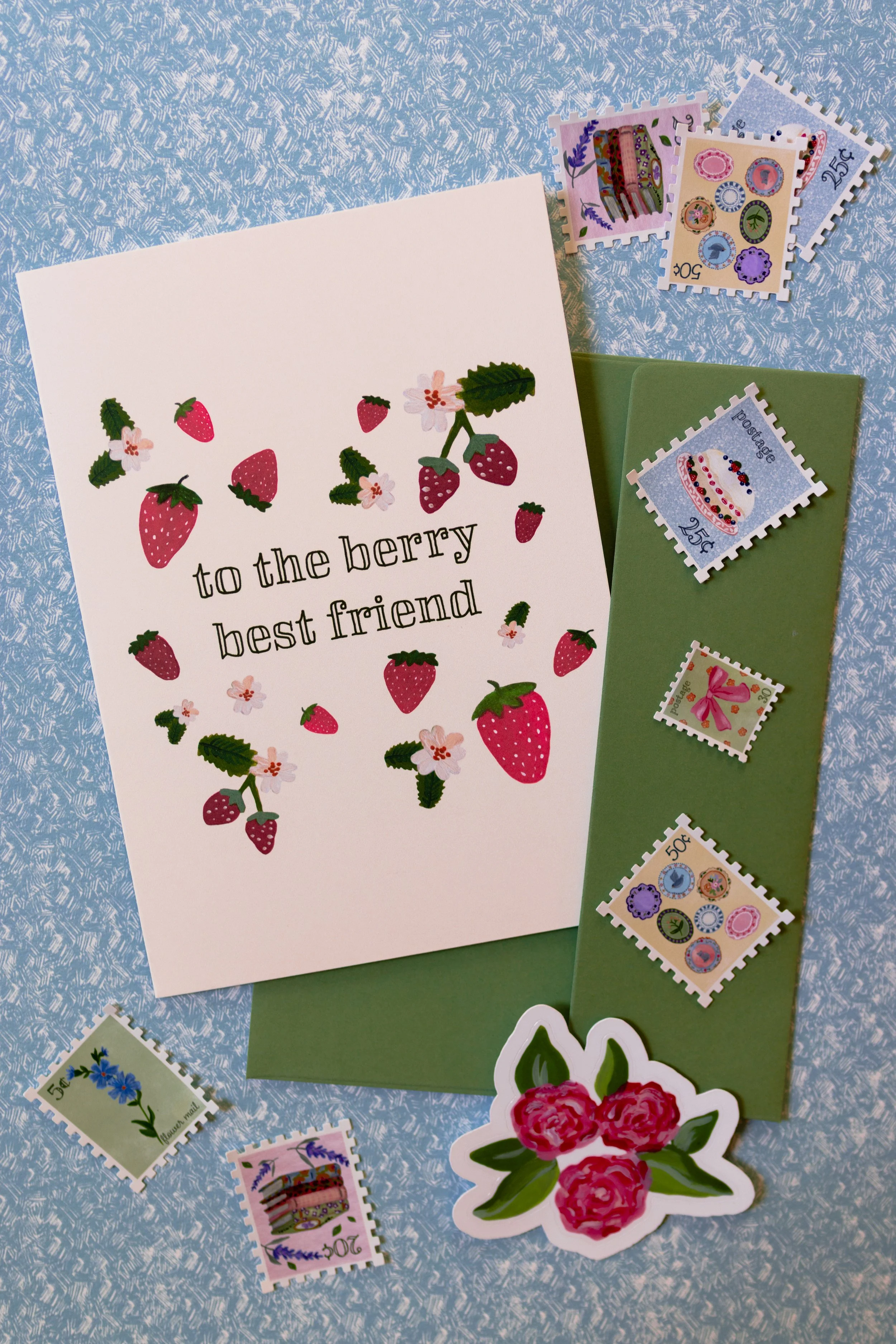 Friendship greeting card with original strawberry artwork.