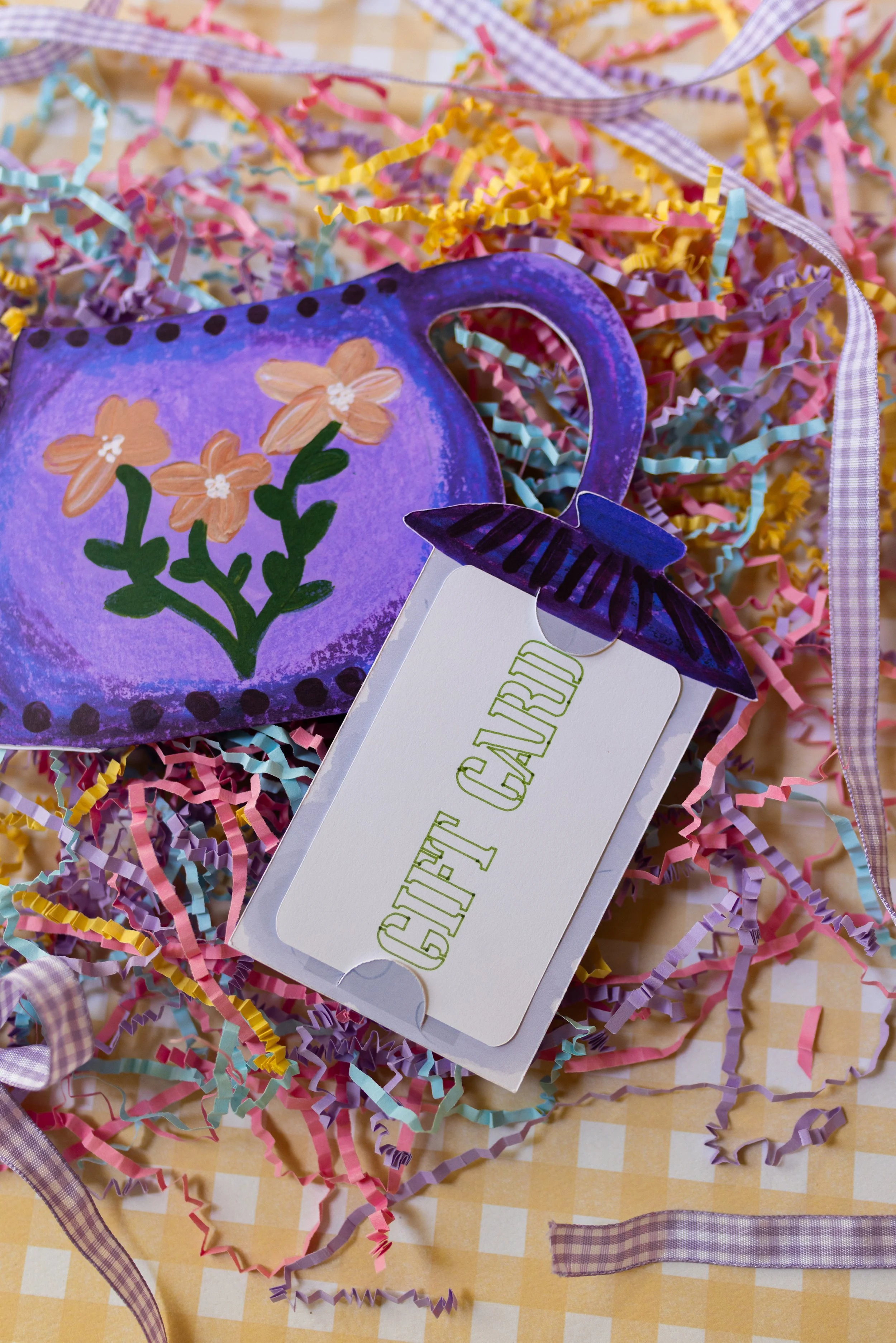 Artist-designed teapot gift card holder handmade from heavyweight cardstock with original floral illustrations.