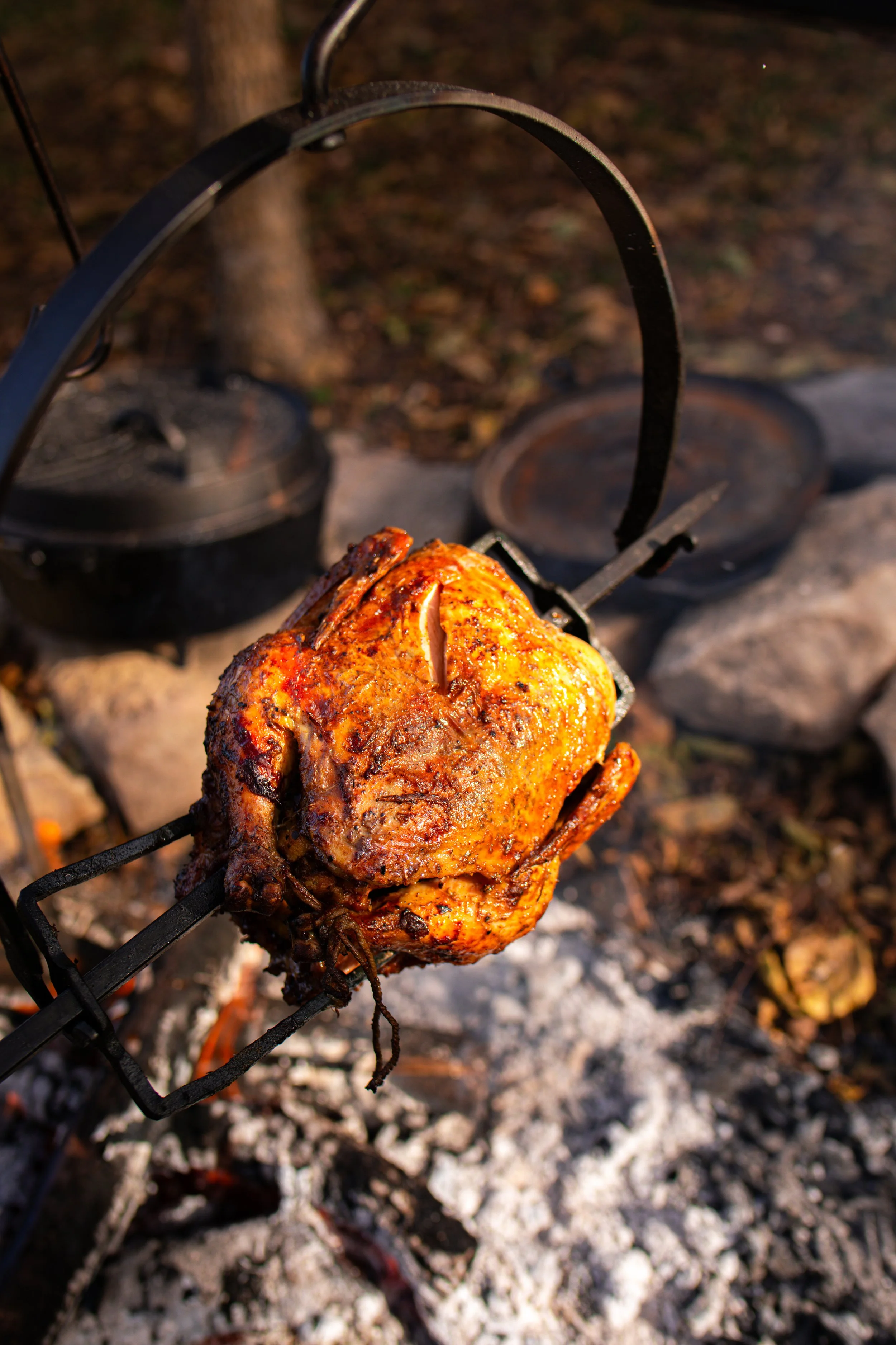 Campfire Cooking Rotisserie Chicken and Mashed Potatoes Outdoor