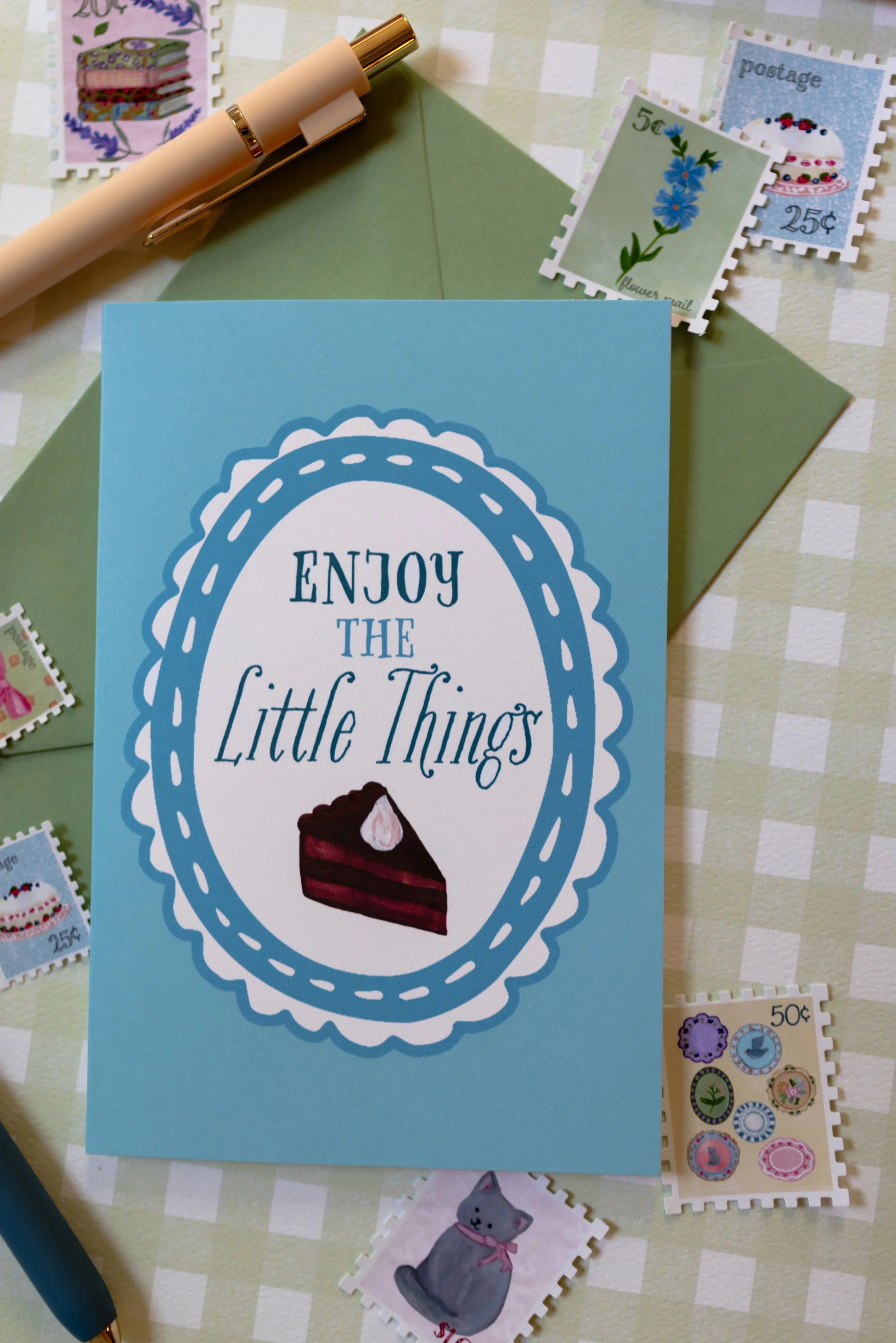 Whimsical dessert greeting card with original hand-illustrated artwork.