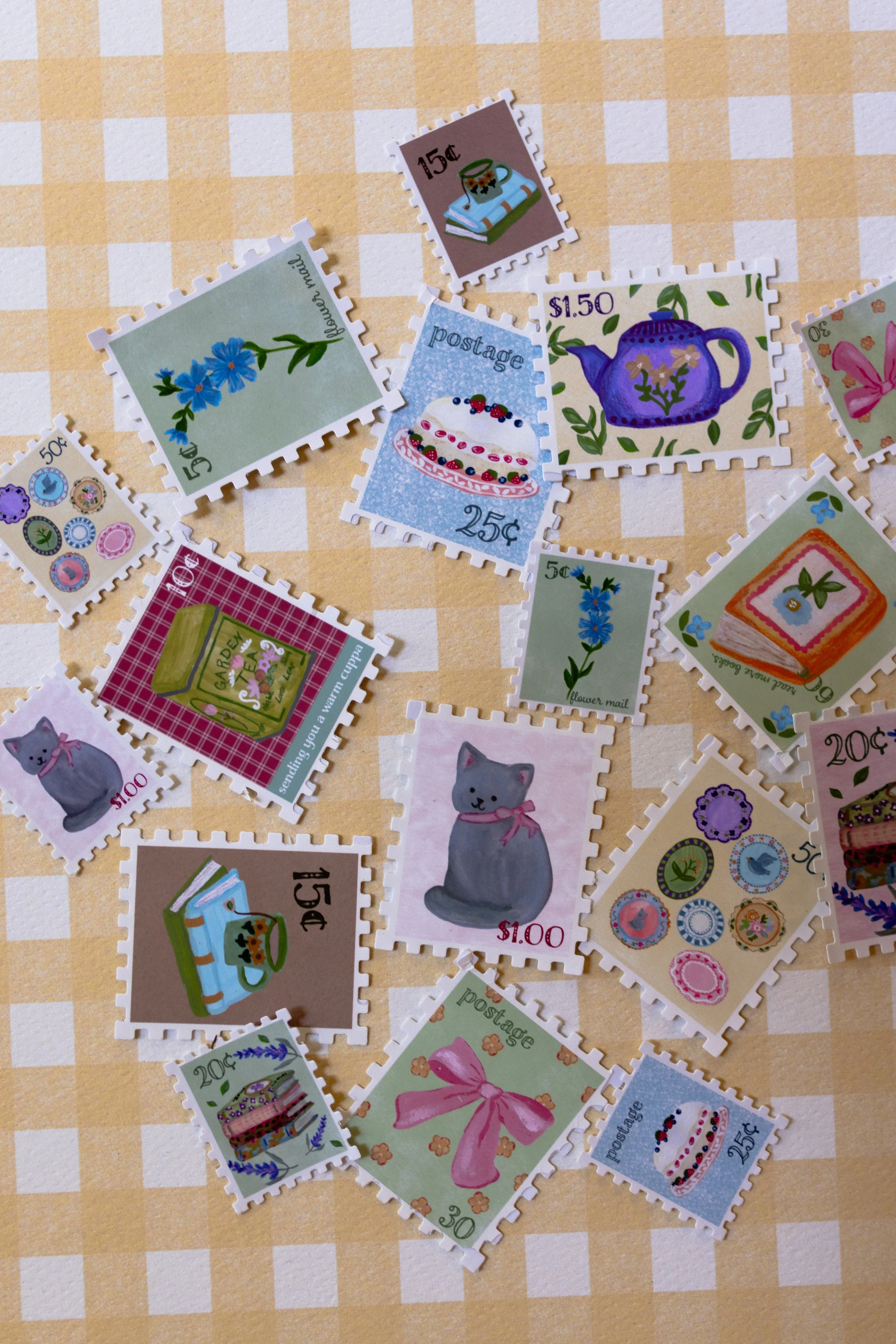 Dear Little Afternoon Tea postage stamp stickers featuring miniature original hand-illustrated vintage-inspired stamp designs.