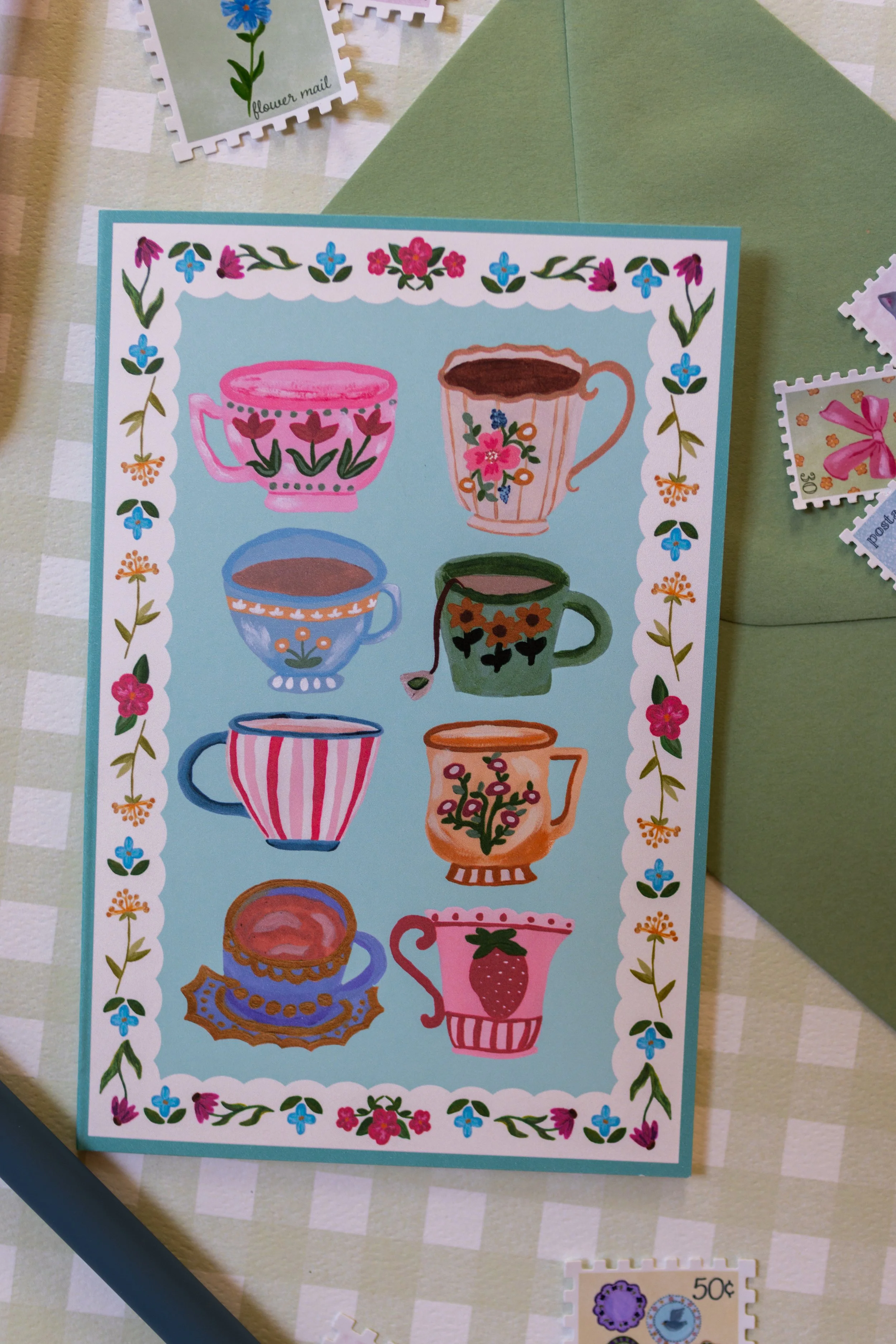 Tea lover greeting card with original hand-illustrated floral teacups.