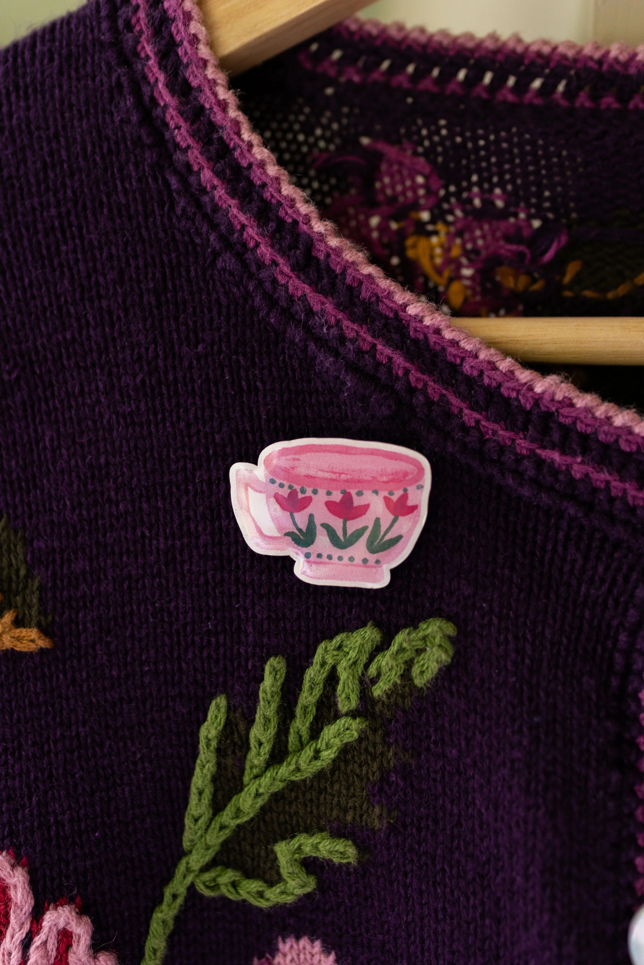 Pink Floral Teacup Wooden Pin