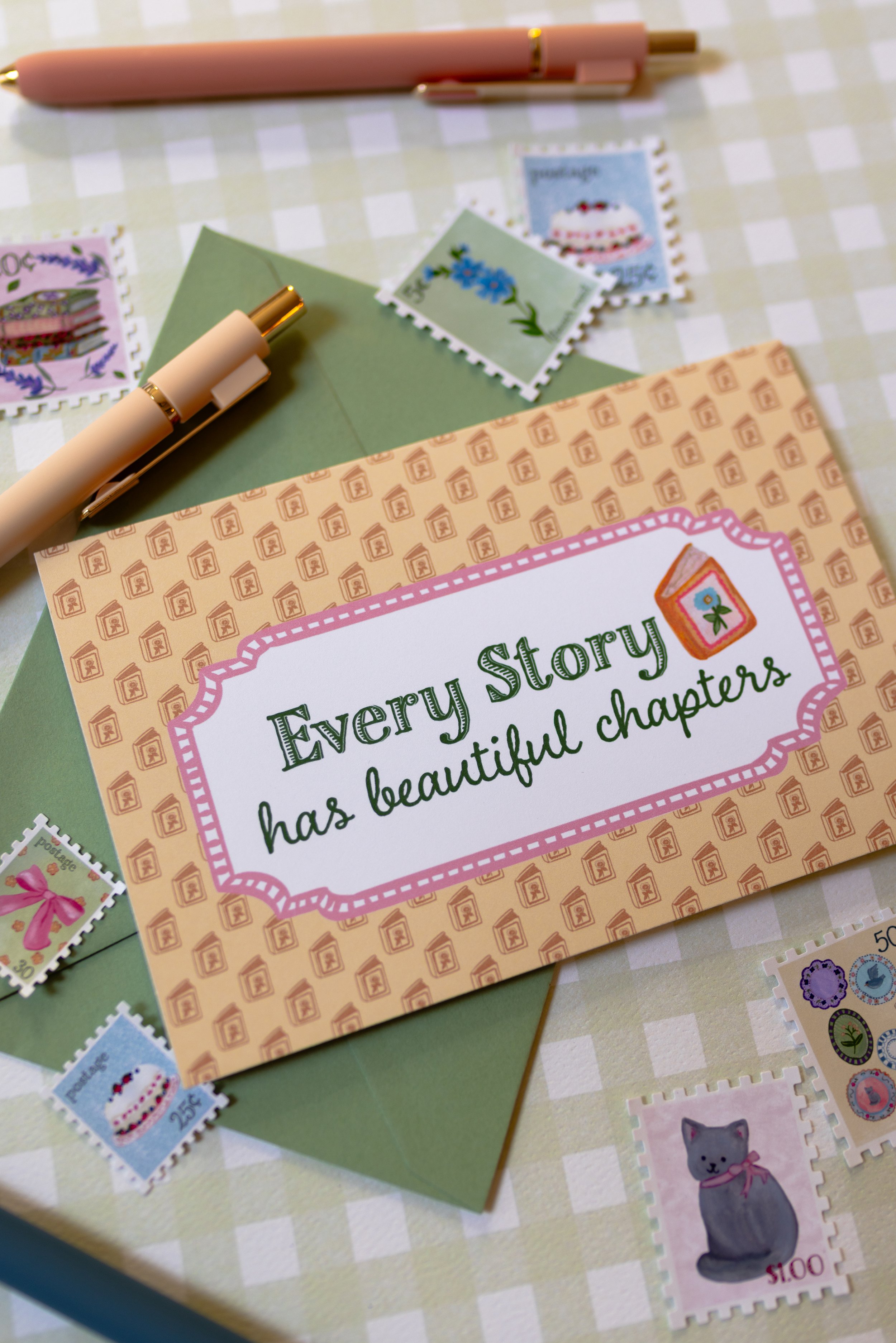 Book lover greeting card with original hand-illustrated artwork and coordinating envelope.