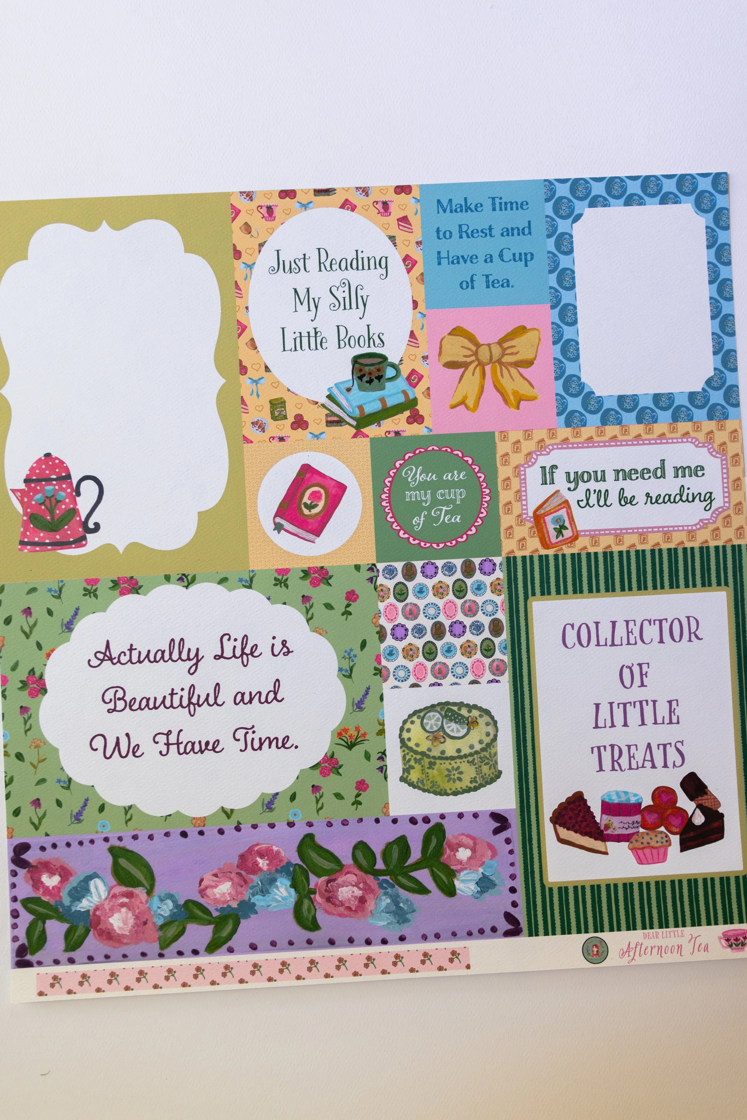 Artist-designed paper crafting collection inspired by cozy books, afternoon tea, florals, desserts, and vintage stationery.