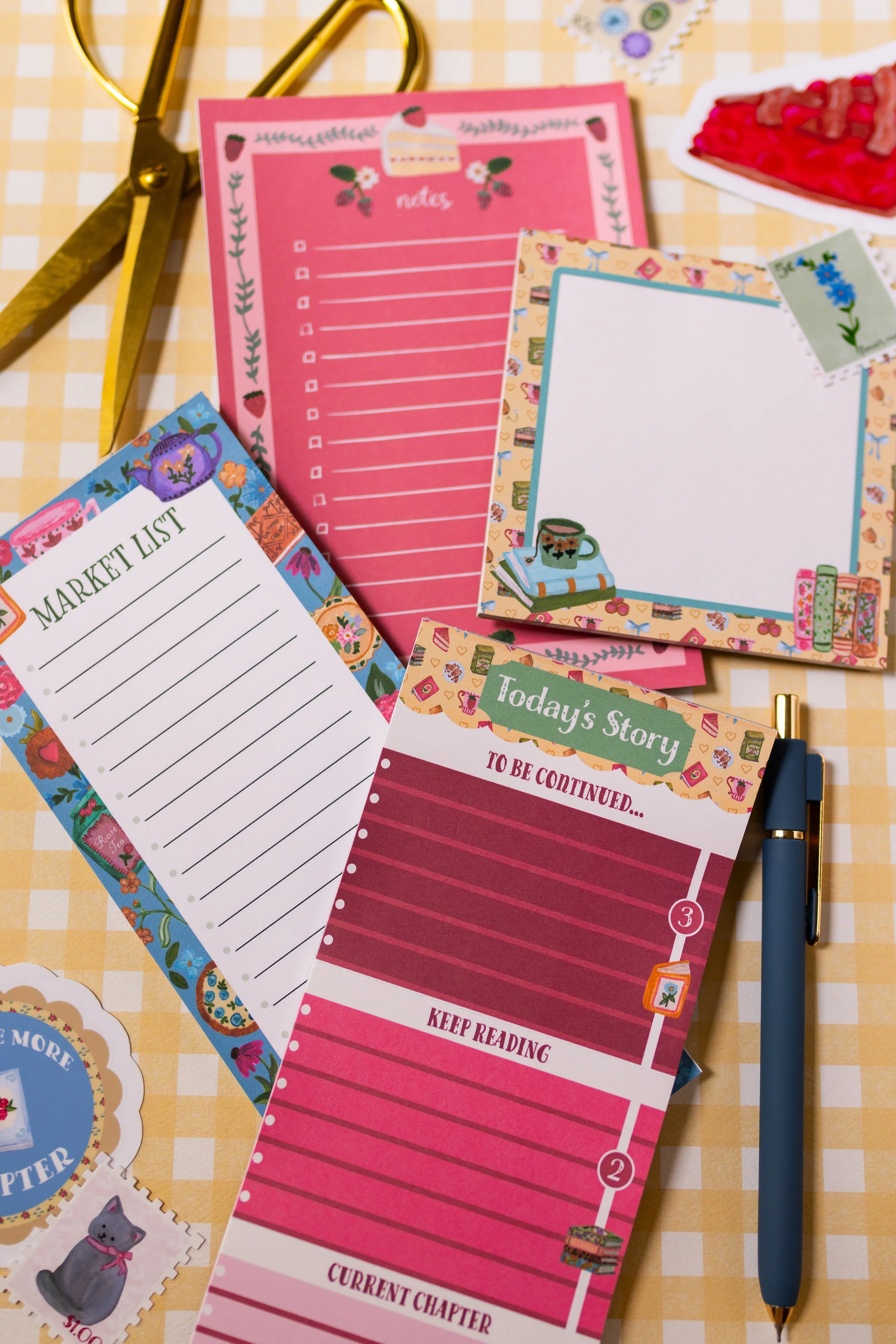 Collection of grocery list, memo pad, cake notepad, and daily planner stationery with whimsical afternoon tea illustrations.