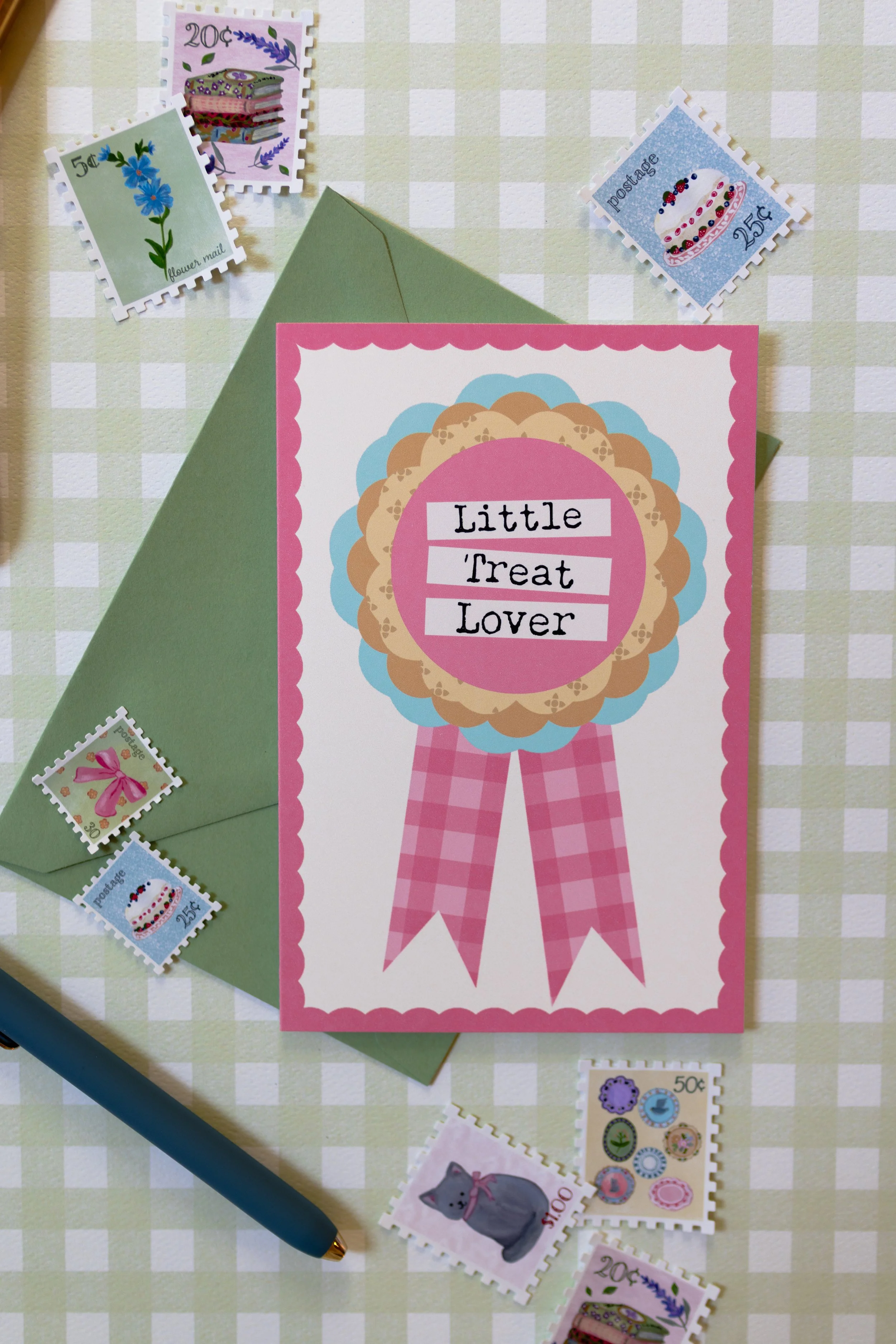 Whimsical blank greeting card for birthdays and sweet celebrations.