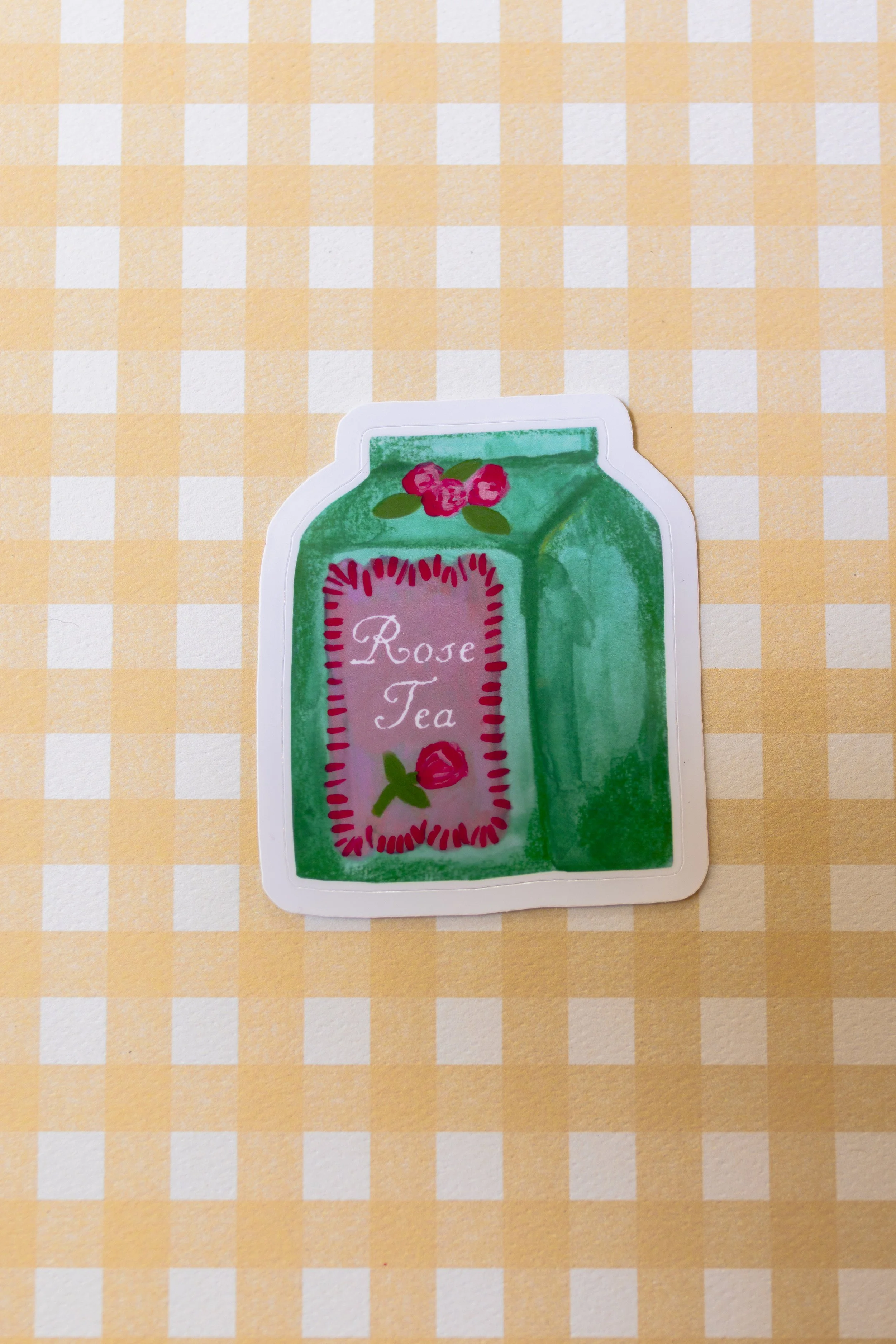 Rose Tea Bag die cut sticker featuring an original hand-illustrated green tea bag with a vintage-inspired rose label.