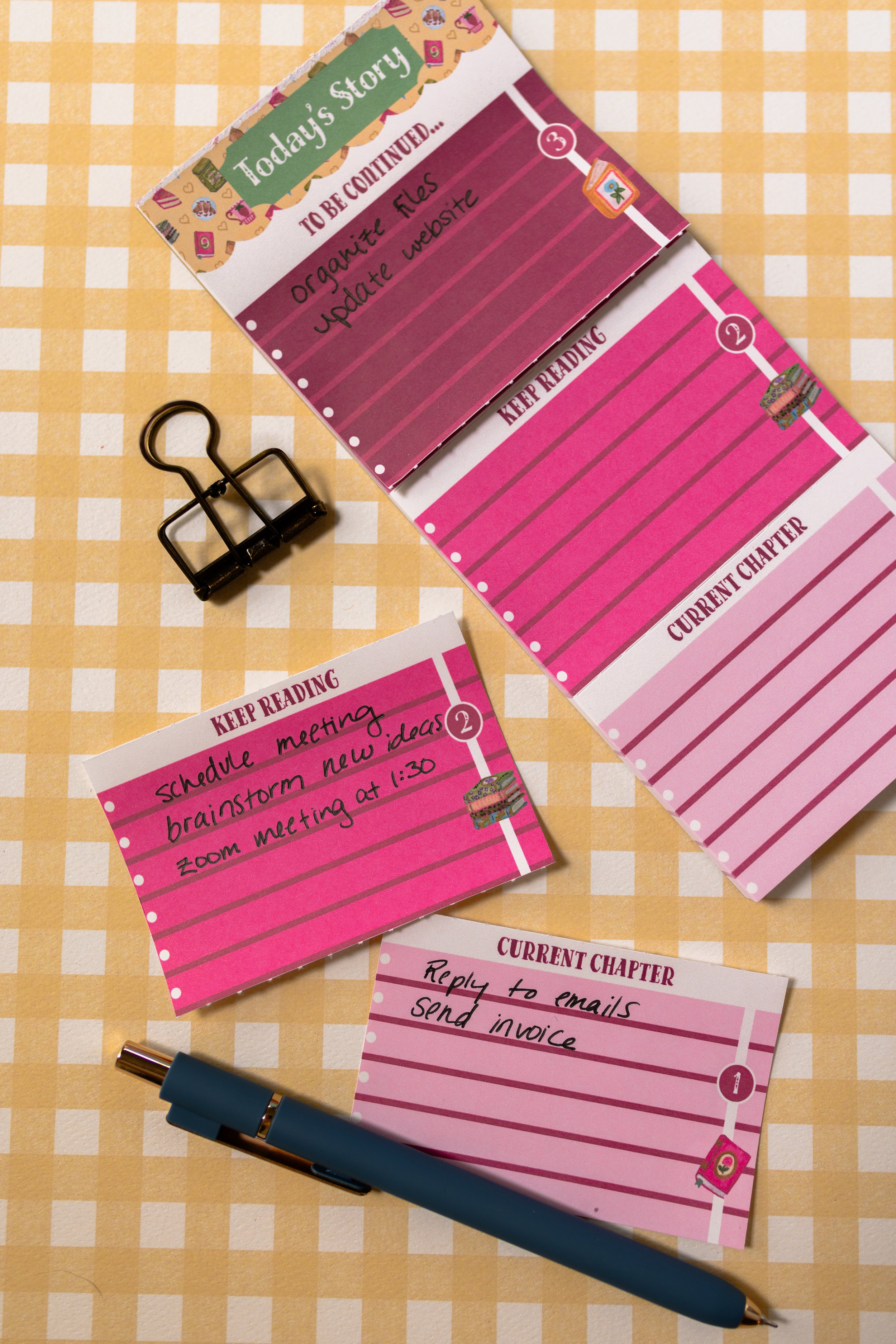 Today's Story Daily Planner Notepad with Current Chapter, Keep Reading, and To Be Continued sections for prioritizing daily tasks.
