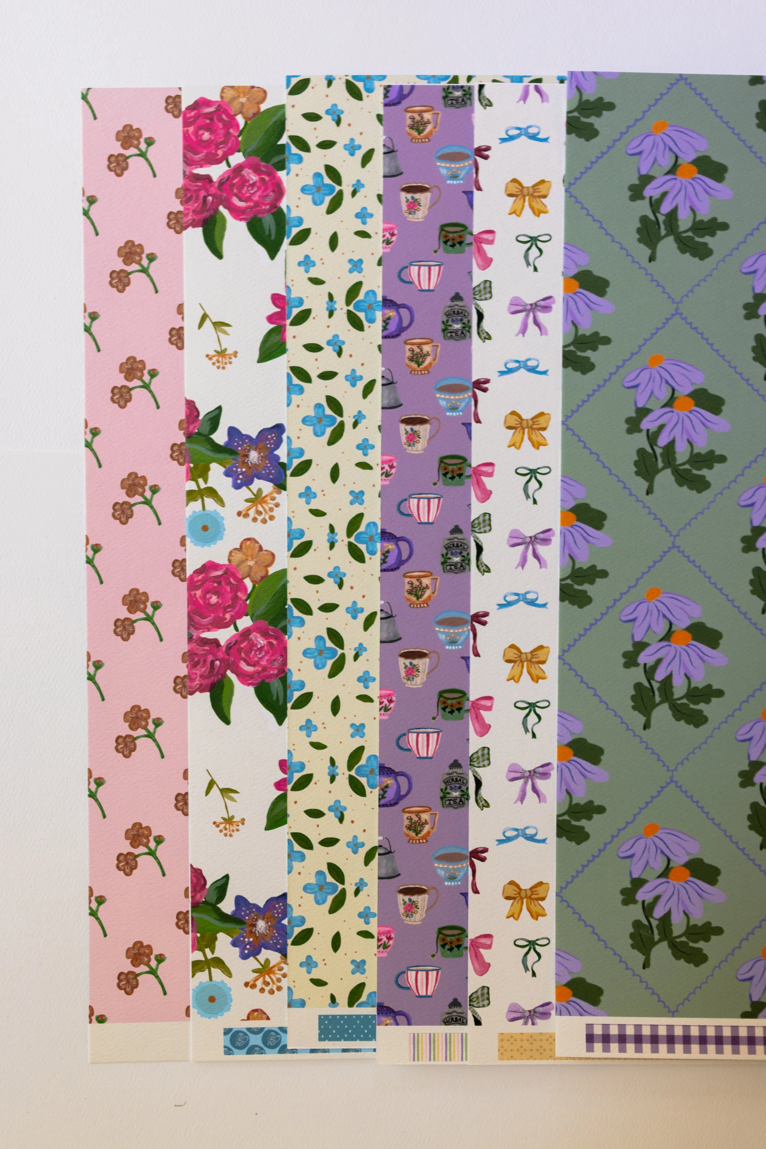 Coordinating scrapbook supplies designed to mix and match for creative paper crafting projects.