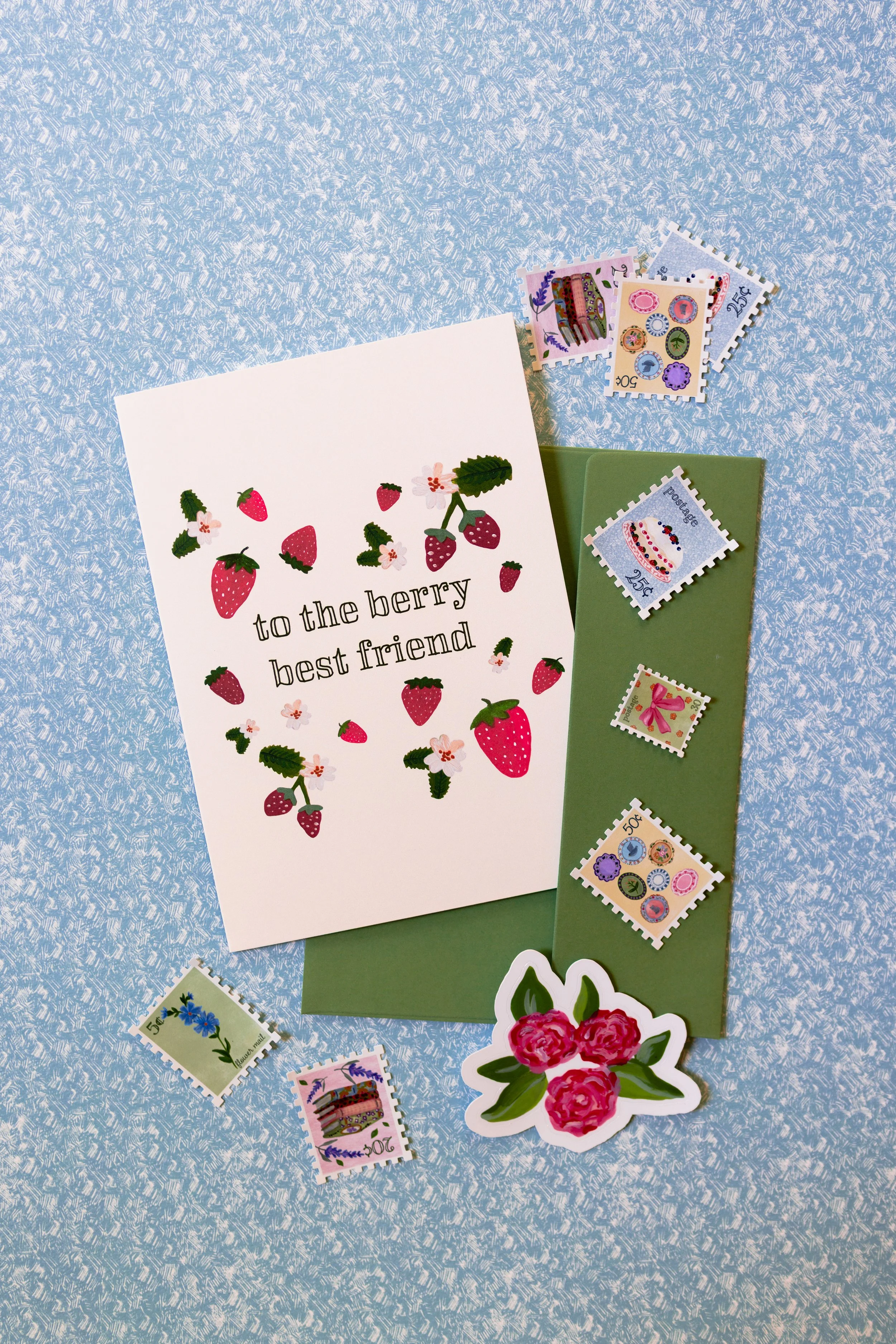 Berry Best Friend greeting card featuring illustrated strawberries and flowers.