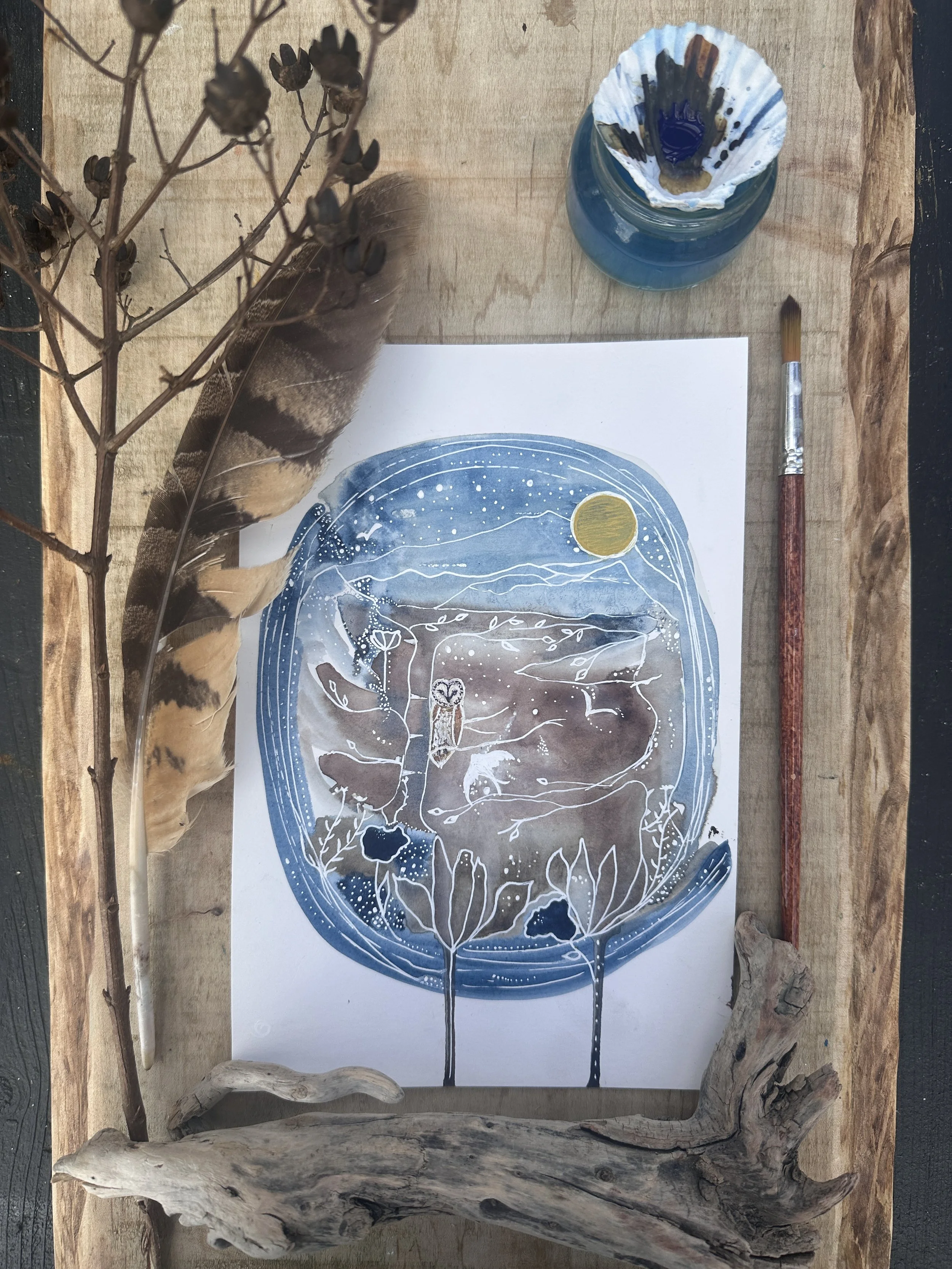 Under the Golden Moon -  Portal - Original Watercolor and Ink Intuitive Painting