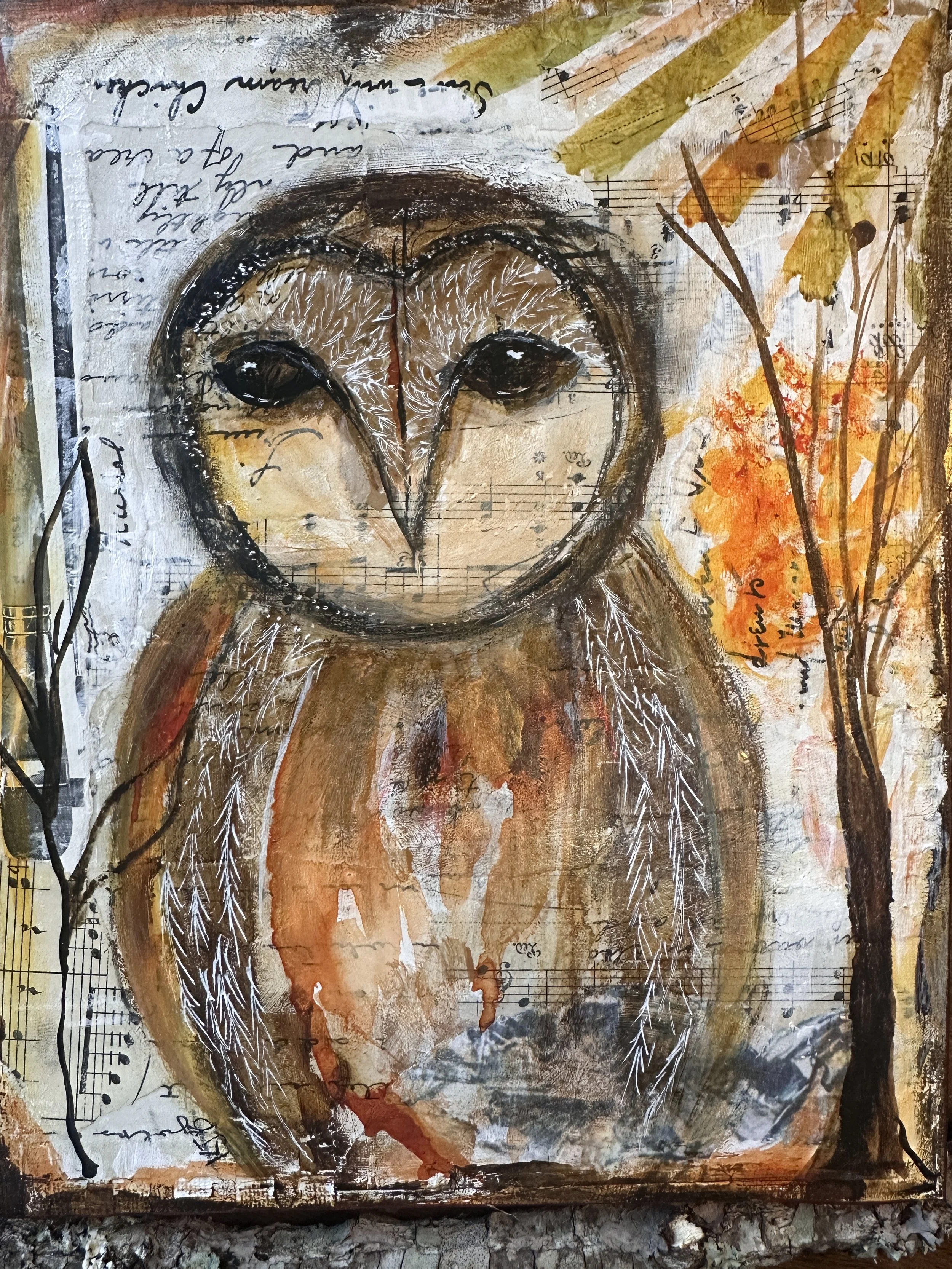 “Listen to the Rhythm” – Mixed Media Owl, 8x10 Canvas Board