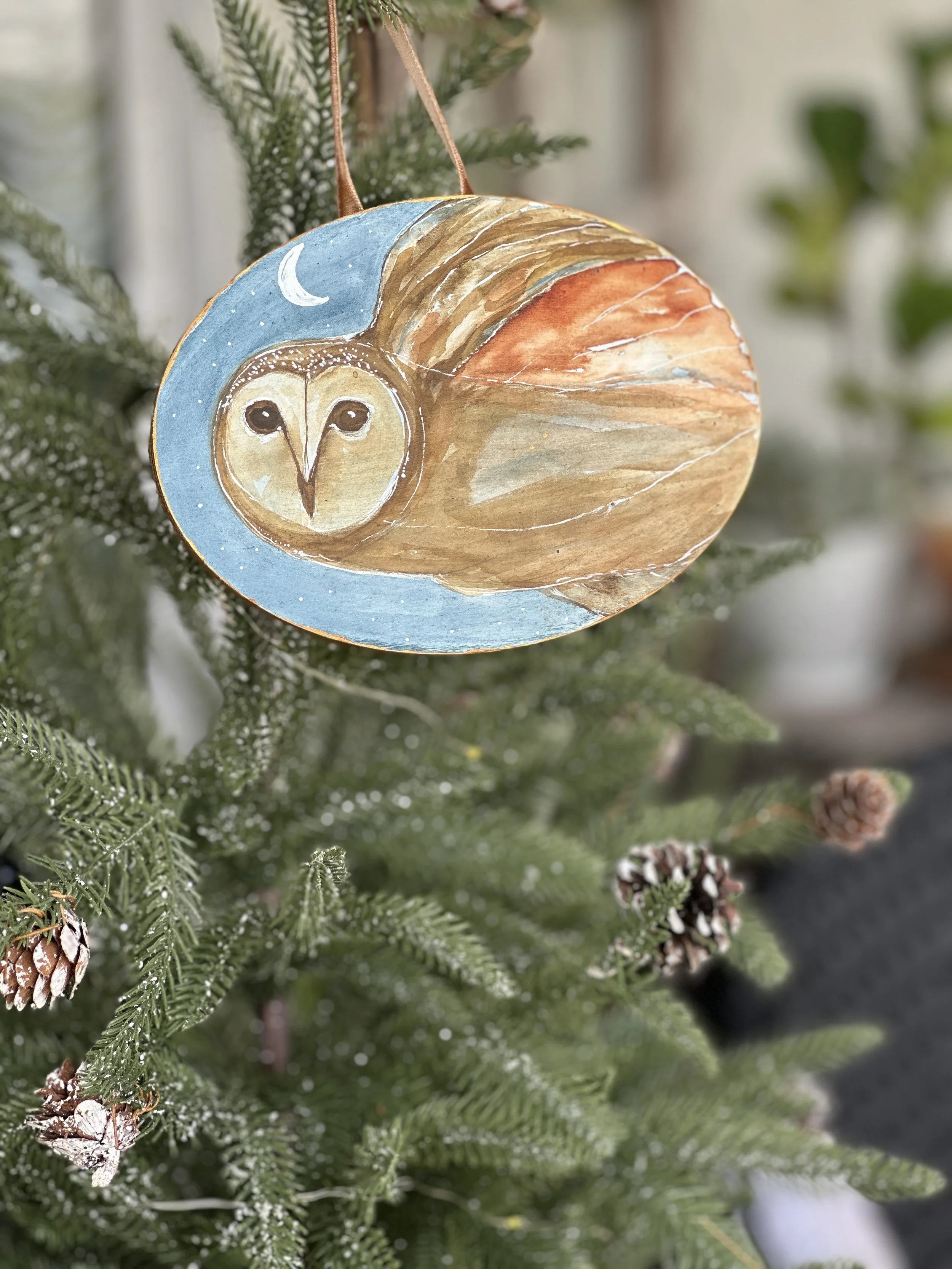 Owls of Winter – Hand-Painted Watercolor Velvet Ribbon Ornament