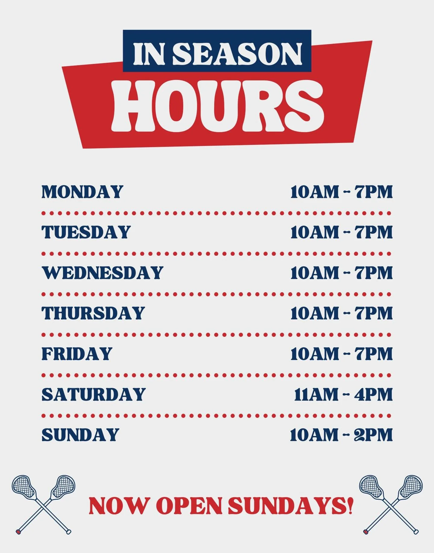 ‼️New in-season hours start now. We&rsquo;re officially open Sundays from 10-2‼️