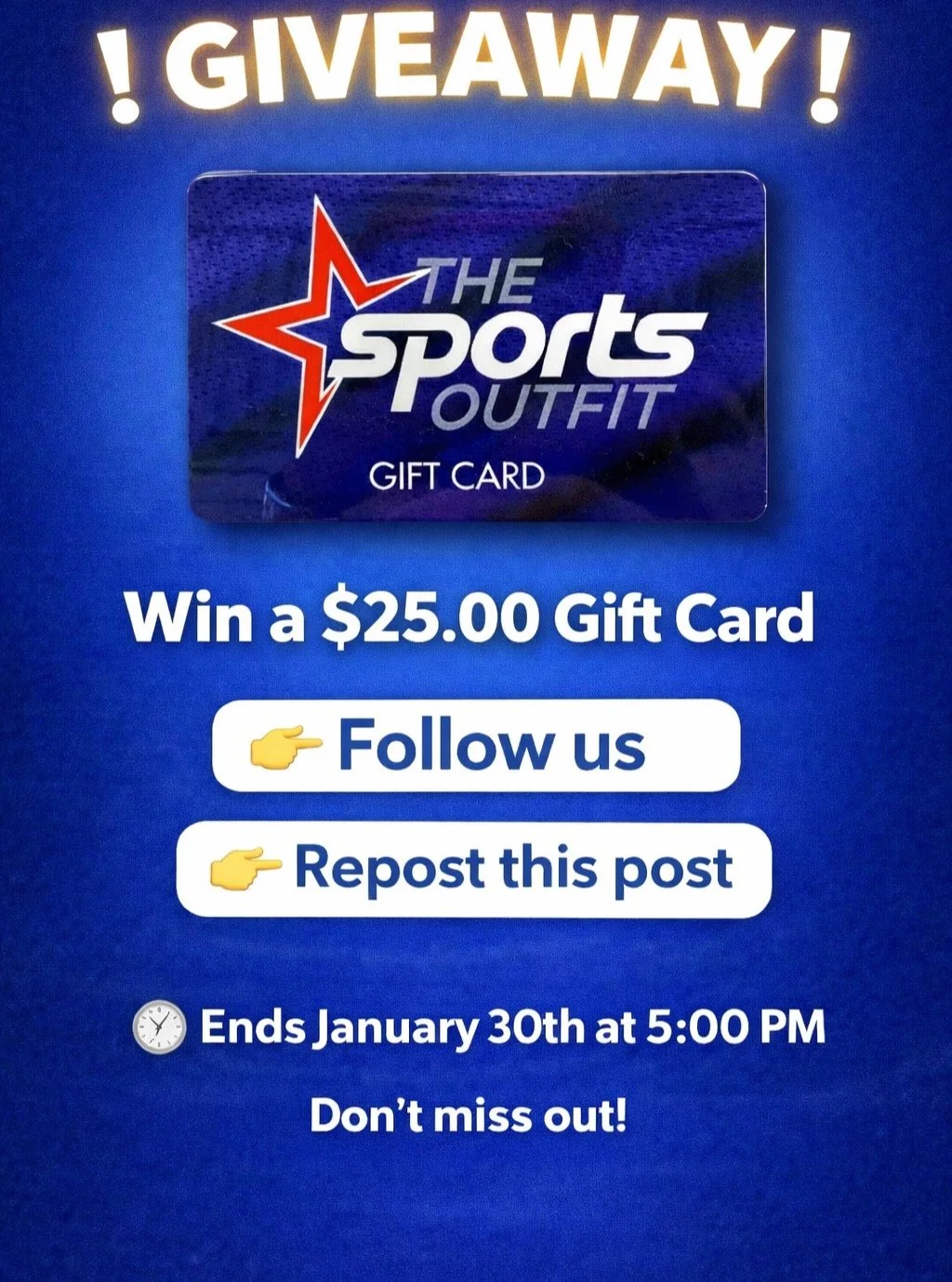🎉 GIVEAWAY! 🎉
Win a $25.00 gift card 
👉 Follow us
👉 Repost this post
🎯 Winner will be drawn at random
📩 We will DM the winner
⏰ Ends January 30th at 5:00 PM
Good luck! 🍀