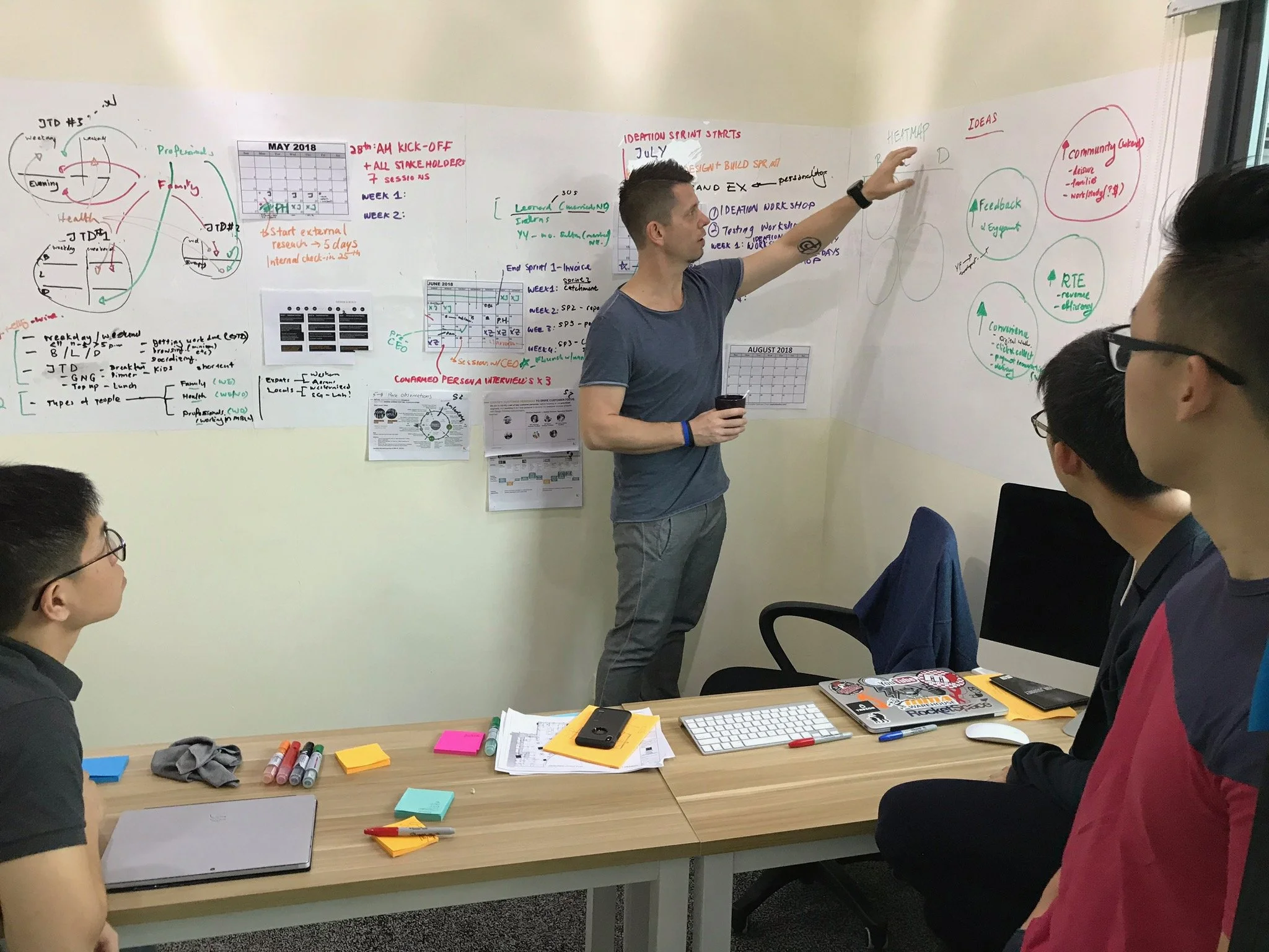 in a blue T-shirt is standing and pointing at a whiteboard covered with notes, charts, and diagrams in a classroom or conference room. Several students are seated at a desk, watching him, with materials like sticky notes, pens, a keyboard, and a laptop on the desk. The whiteboard contains handwritten notes, diagrams, and printed calendars for May and June 2018.