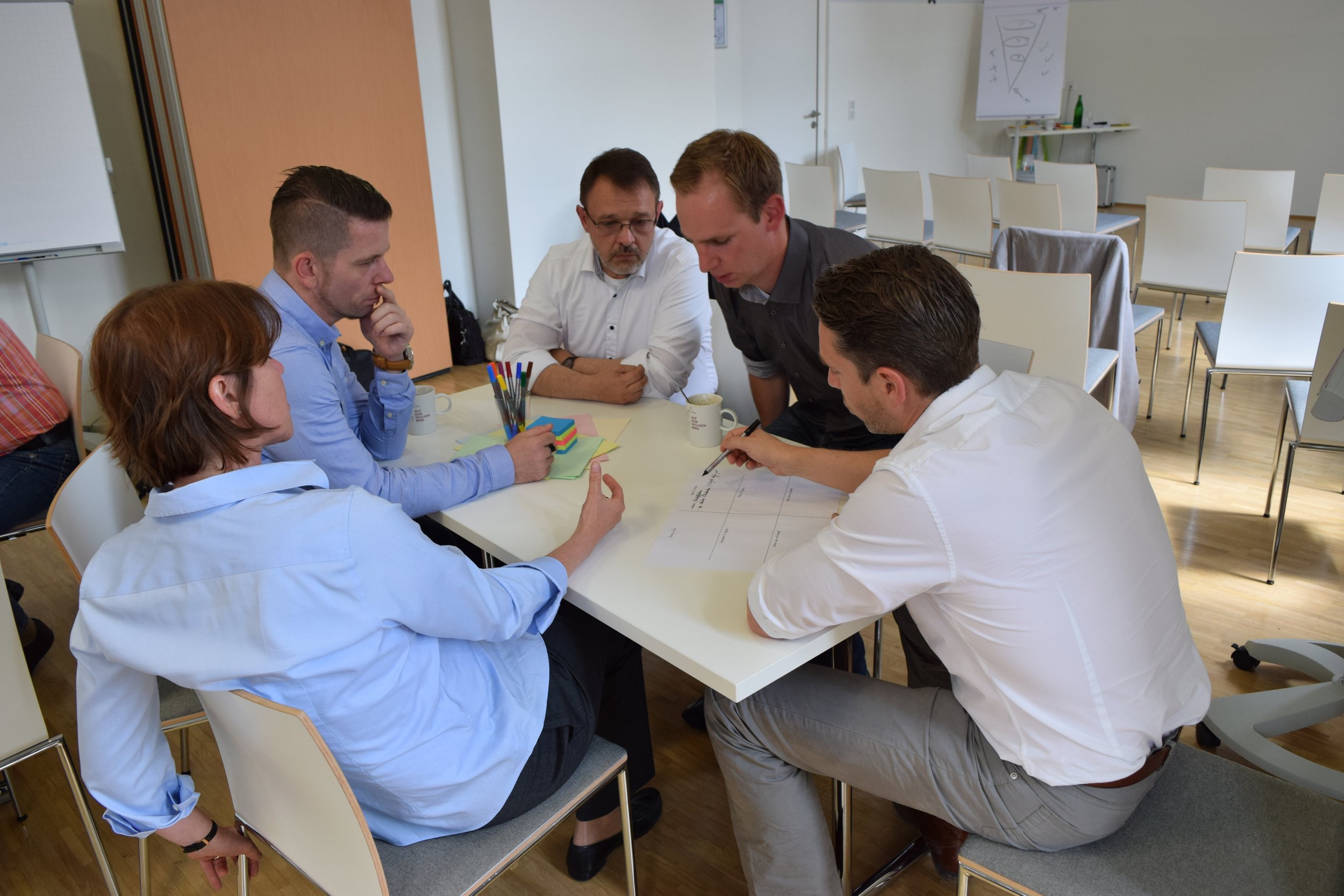 Six people gathered around a table in a meeting room, engaged in a discussion, with papers, a pen, and colorful markers on the table.